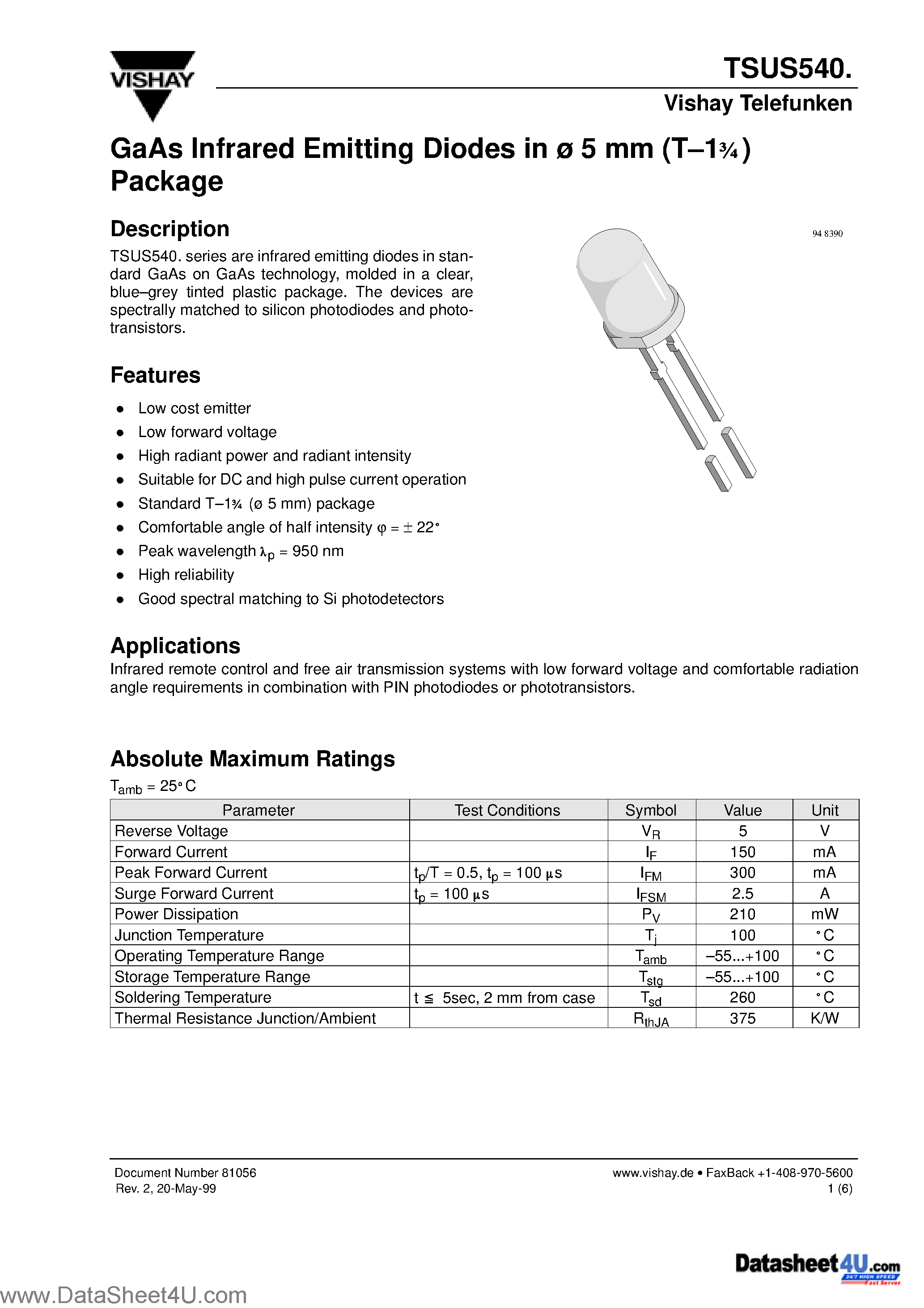Datasheet TSUS540 page 1 Datasheet TSUS540 - GaAs Infrared Emitting Diodes in 5 mm (T-13/4)Package page 1
