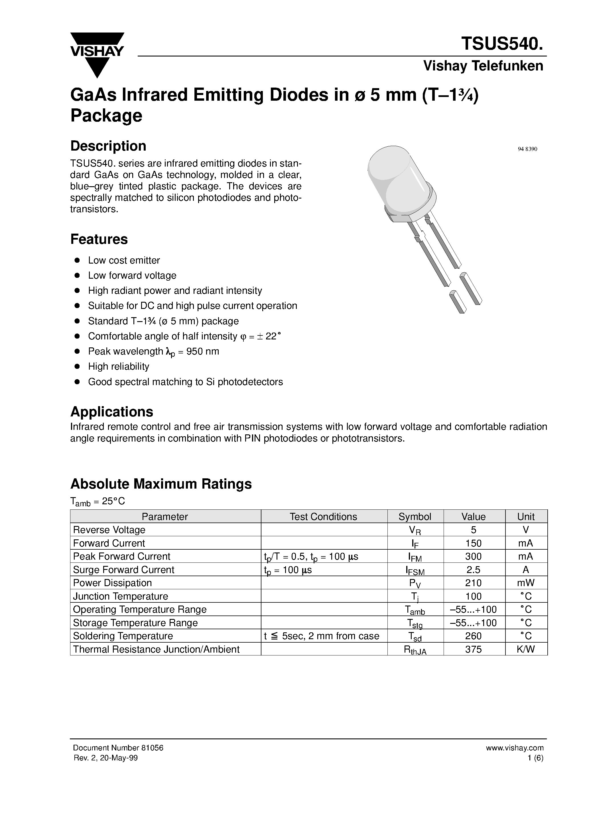 Datasheet TSUS5400 - GaAs Infrared Emitting Diodes in 5 mm (T1) Package page 1
