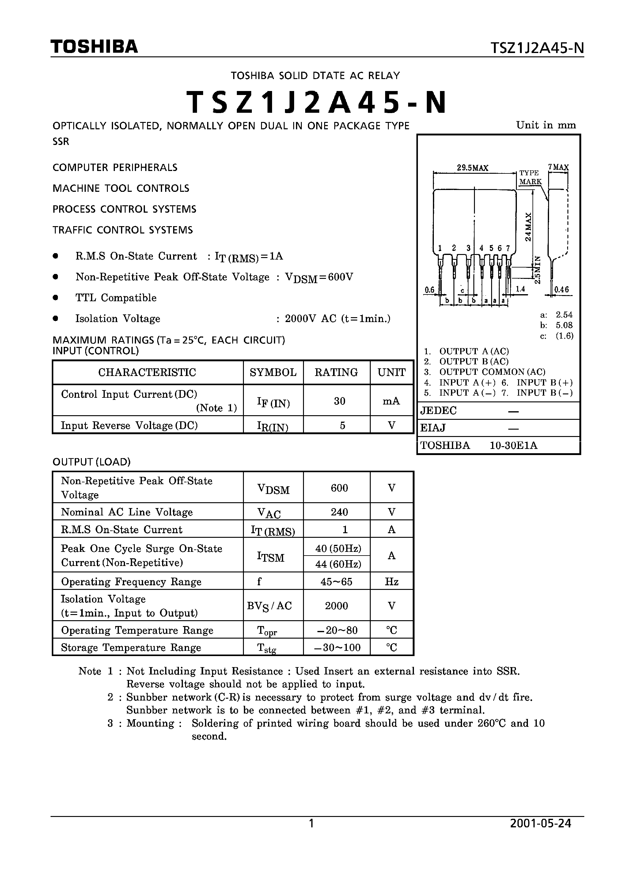 Даташит TSZ1J2A45-N - TOSHIBA SOLID DTATD AC RELAY страница 1