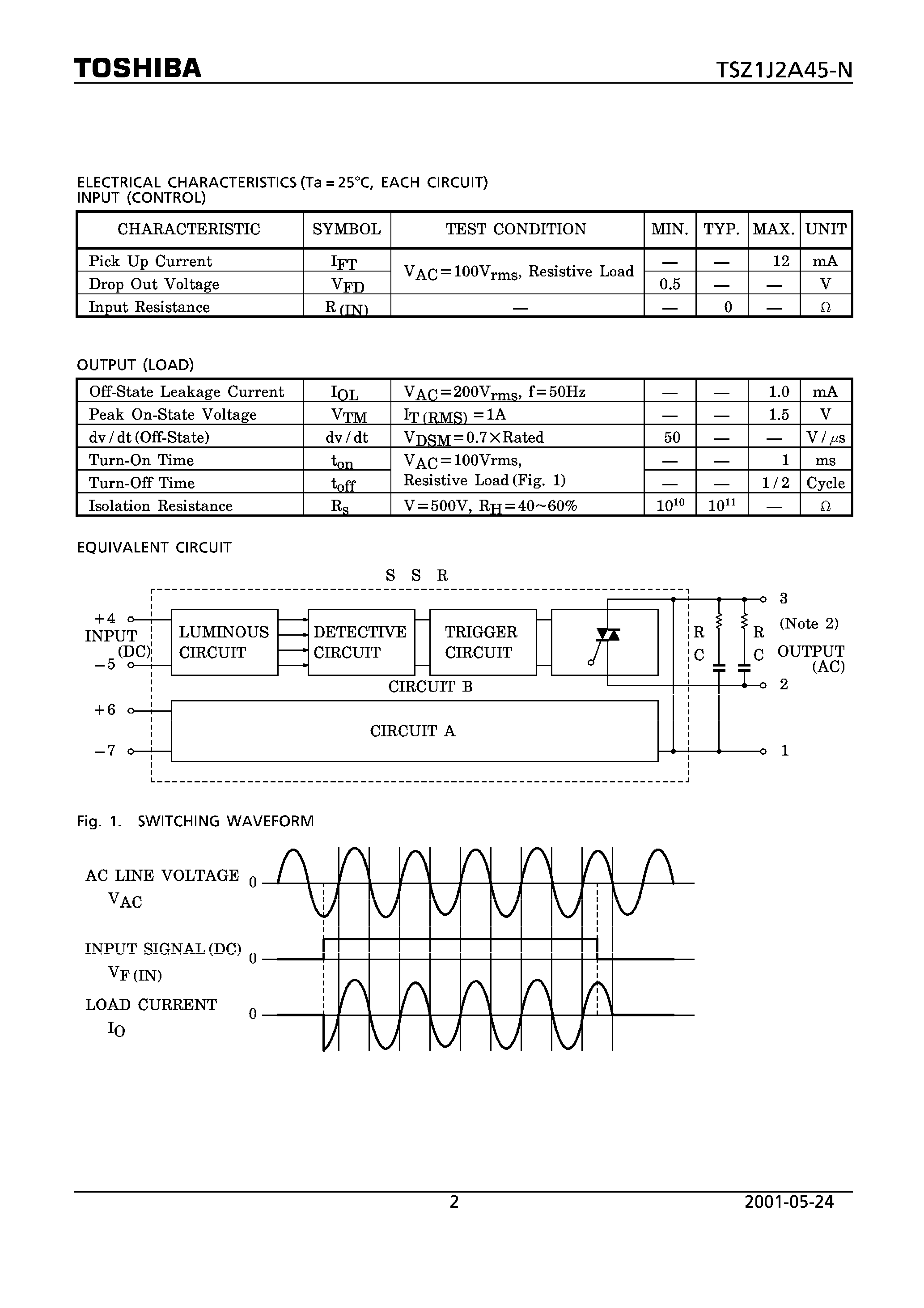 Даташит TSZ1J2A45-N - TOSHIBA SOLID DTATD AC RELAY страница 2