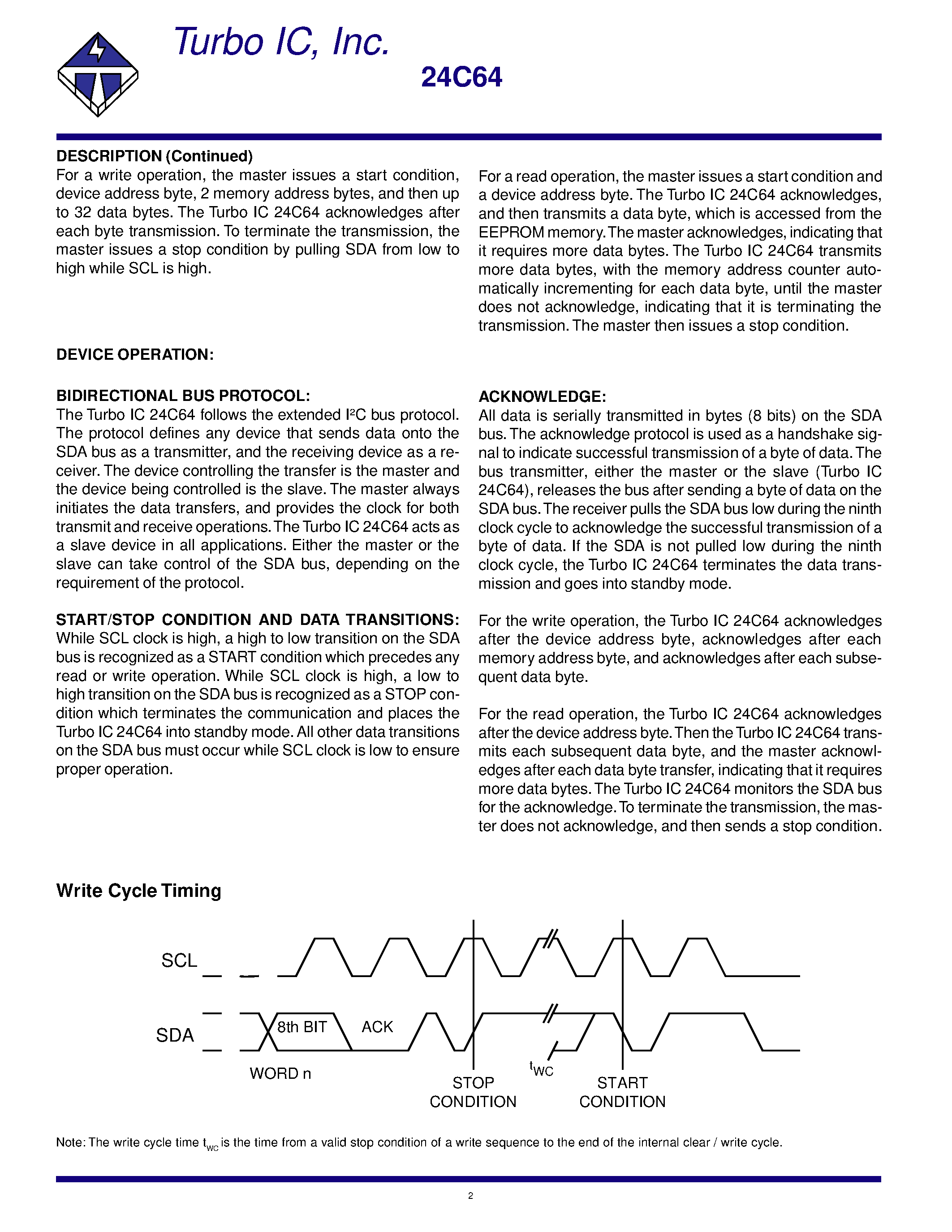 Datasheet TU24C64CS3 page 2 Datasheet TU24C64CS3 - CMOS IC 2-WIRE BUS 64K ELECTRICALLY ERASABLE PROGRAMMABLE ROM 8K X 8 BIT EEPROM page 2