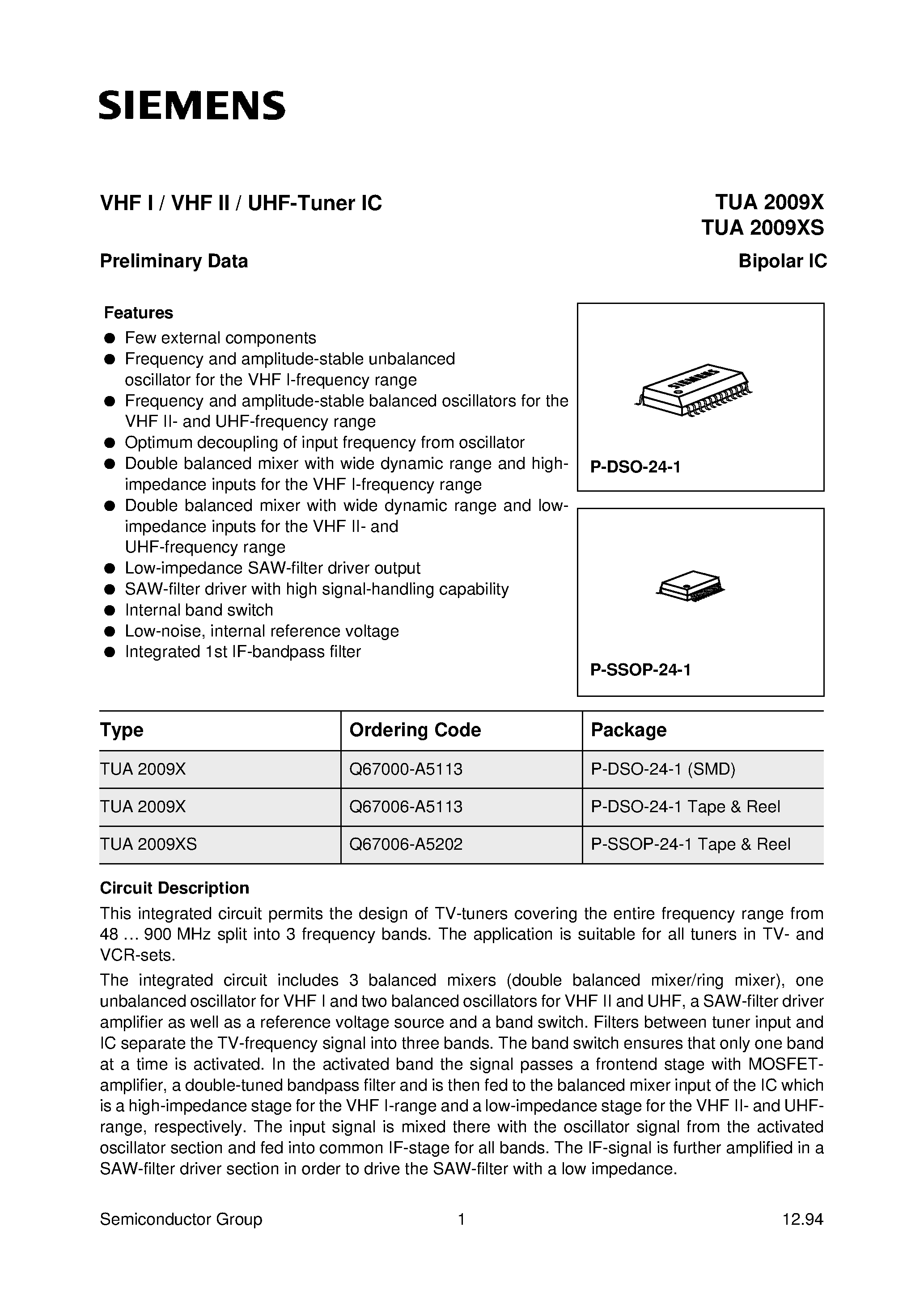 Даташит TUA2009XS - VHF I / VHF II / UHF-Tuner IC страница 1