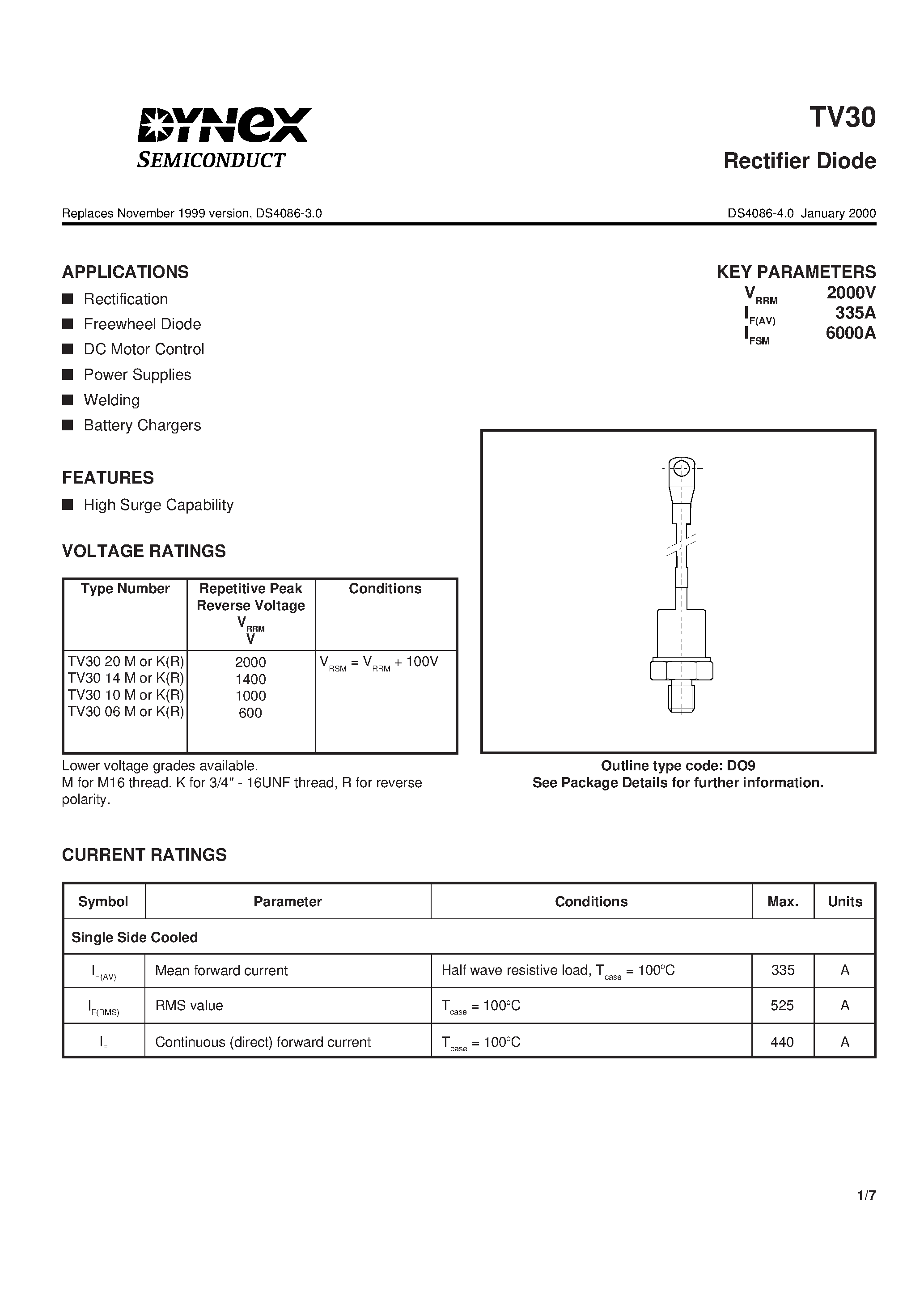 Datasheet TV3020M page 1 Datasheet TV3020M - Rectifier Diode page 1