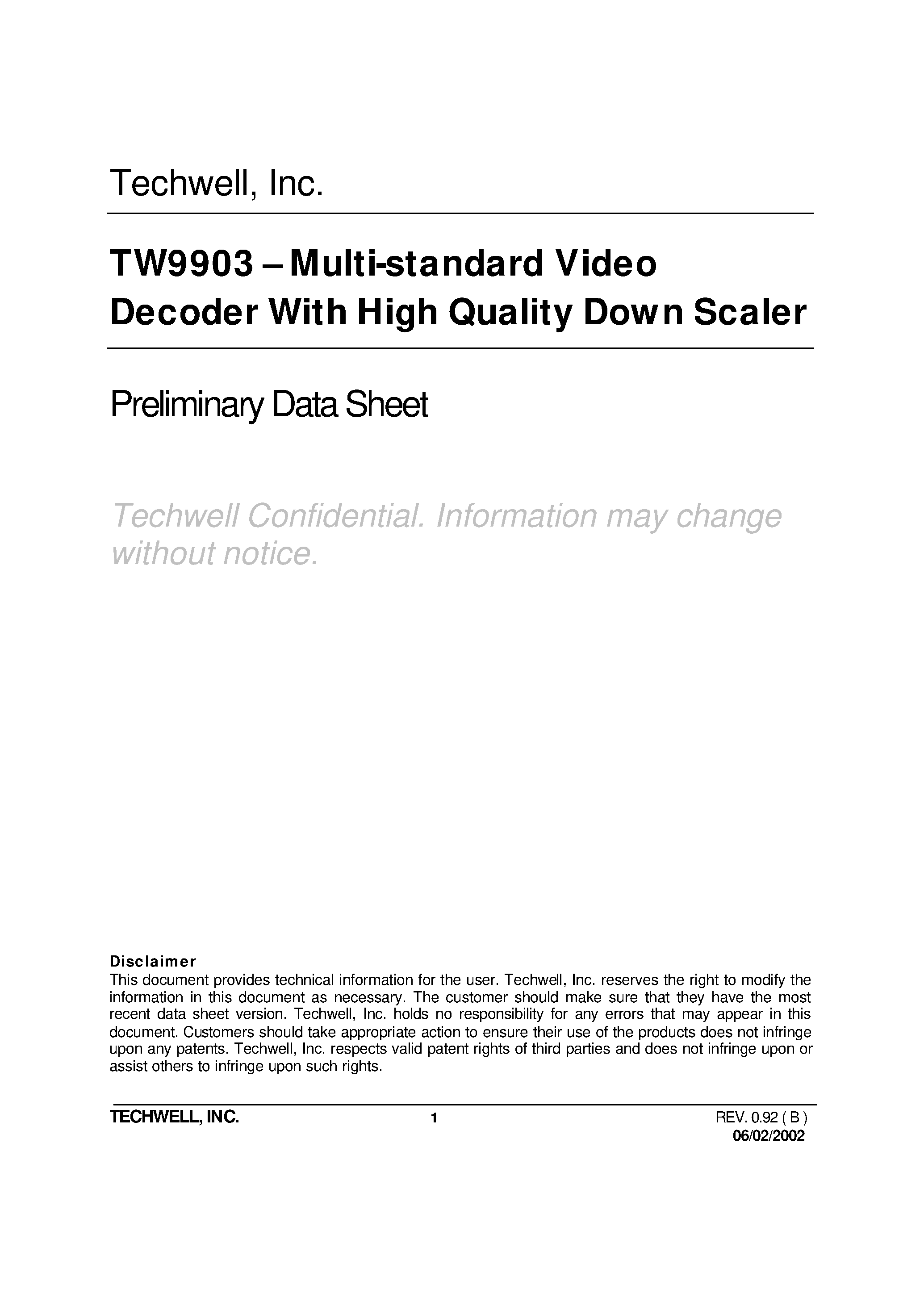Даташит на микросхему TW9903 страница 1 Даташит TW9903 - TW9903 Multi-standard Video Decoder With High Quality Down Scaler страница 1