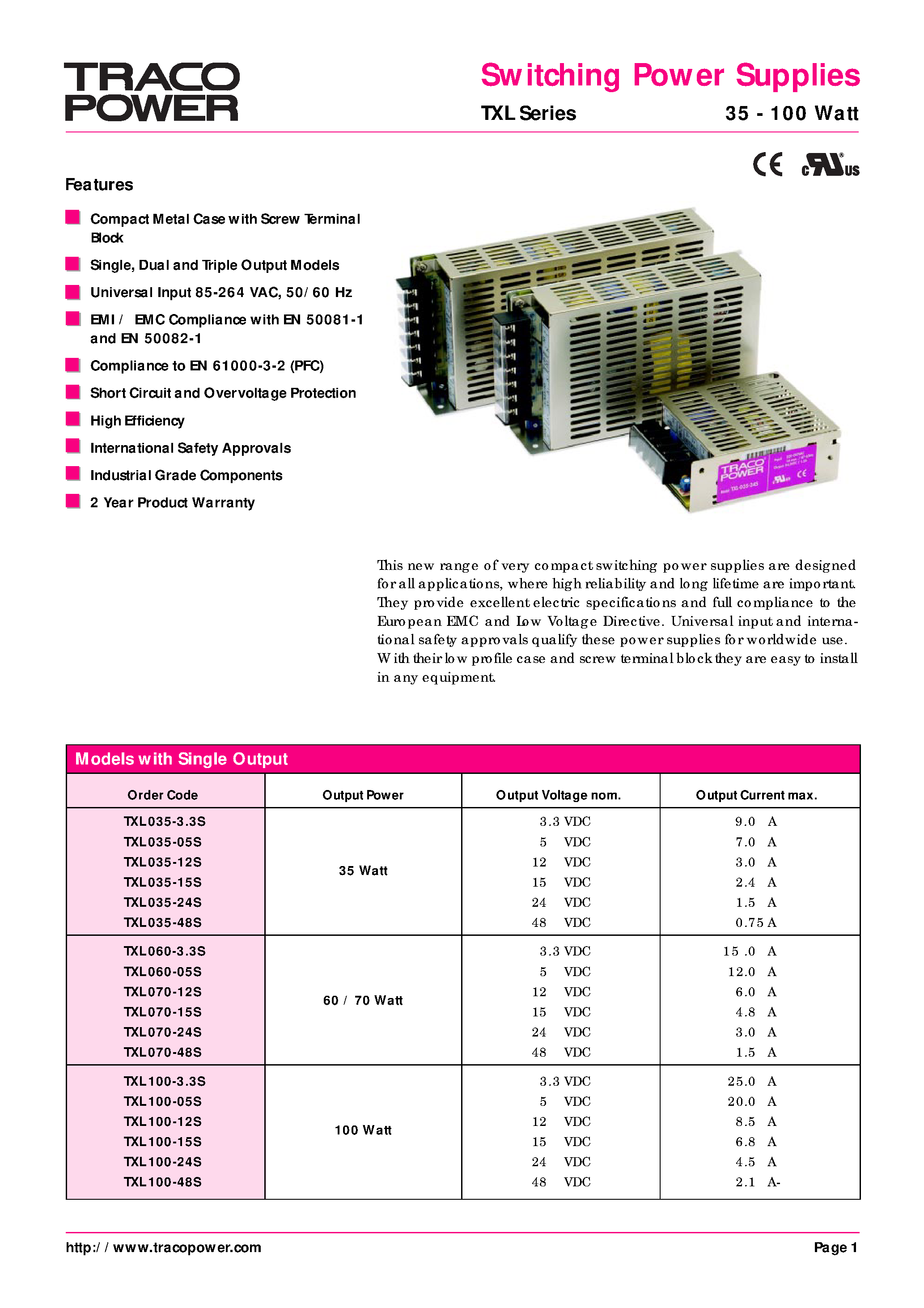 Datasheet TXL035-33S - Switching Power Supplies page 1