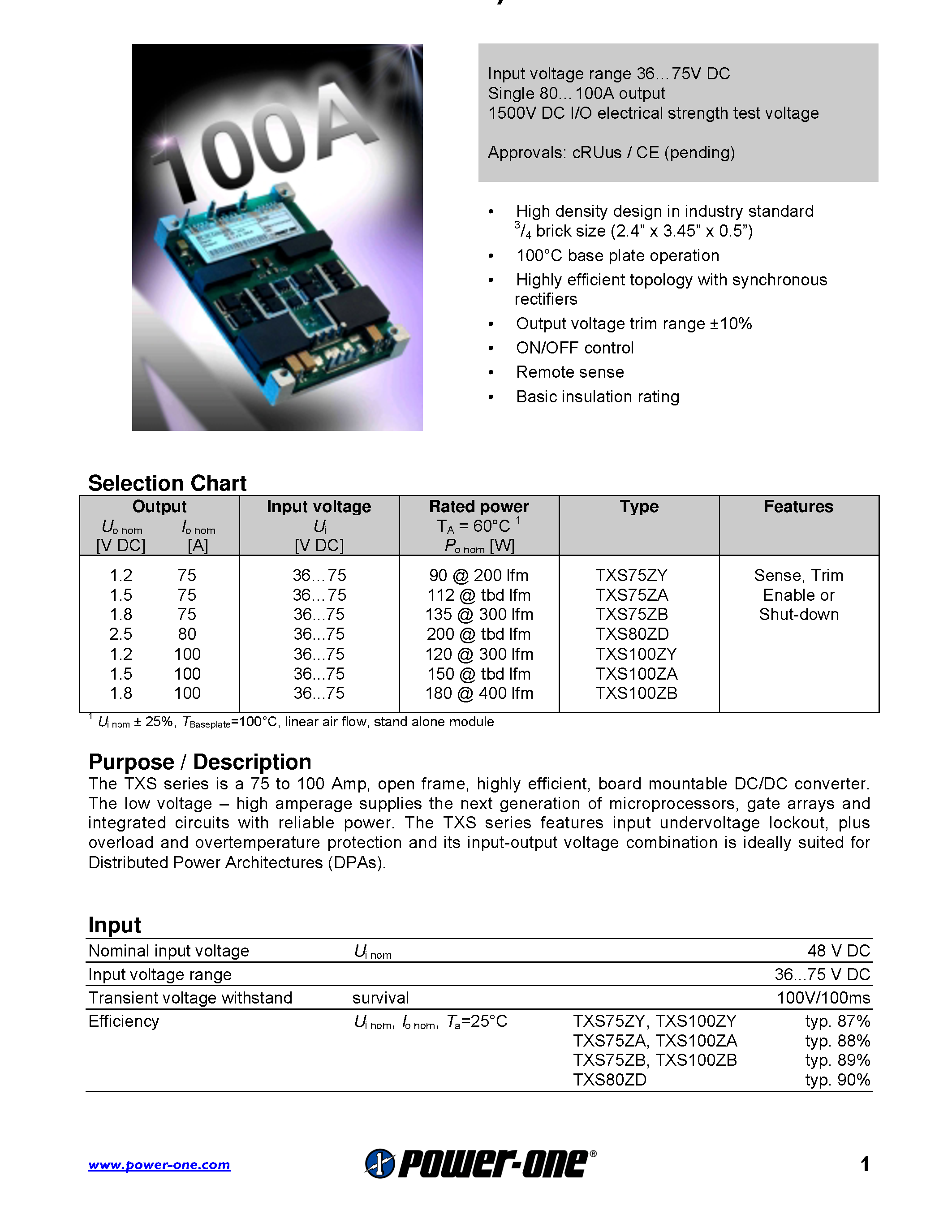 Datasheet TXS100ZY page 1 Datasheet TXS100ZY - Input voltage range 3675V DC Single 80100A output 1500V DC I/O electrical strength test voltage page 1