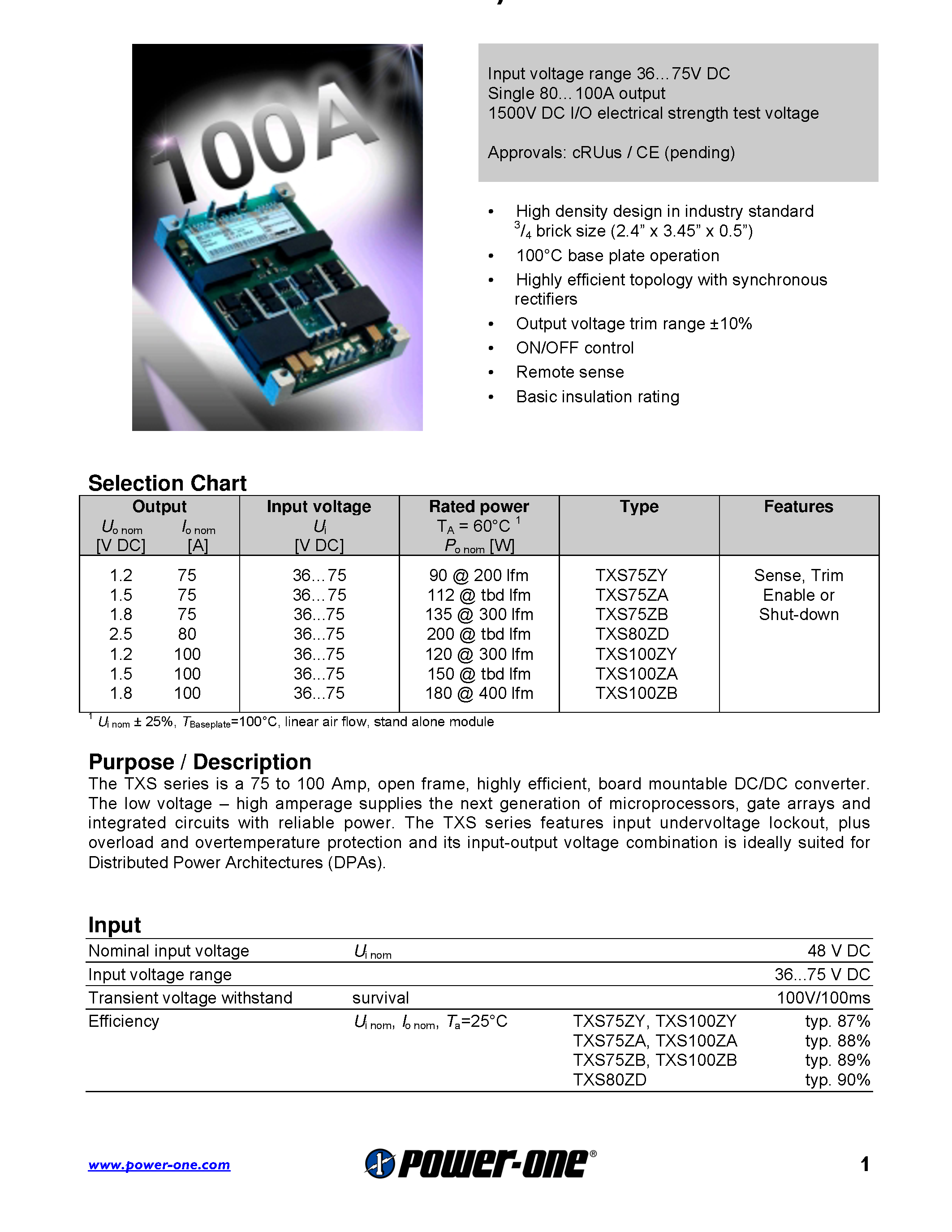 Datasheet TXS75ZB - Input voltage range 3675V DC Single 80100A output 1500V DC I/O electrical strength test voltage page 1