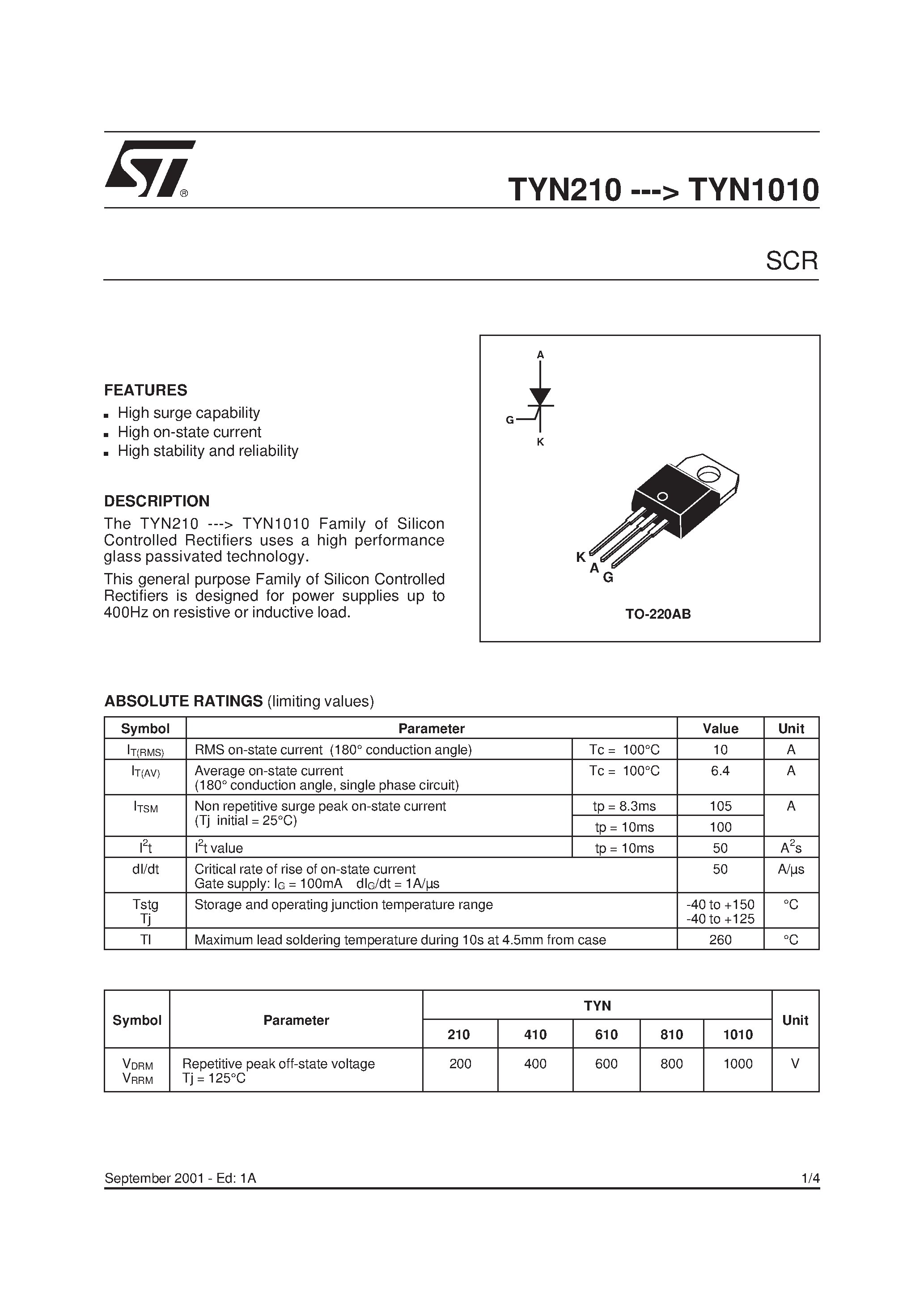 Datasheet TYN1010 - SCR page 1