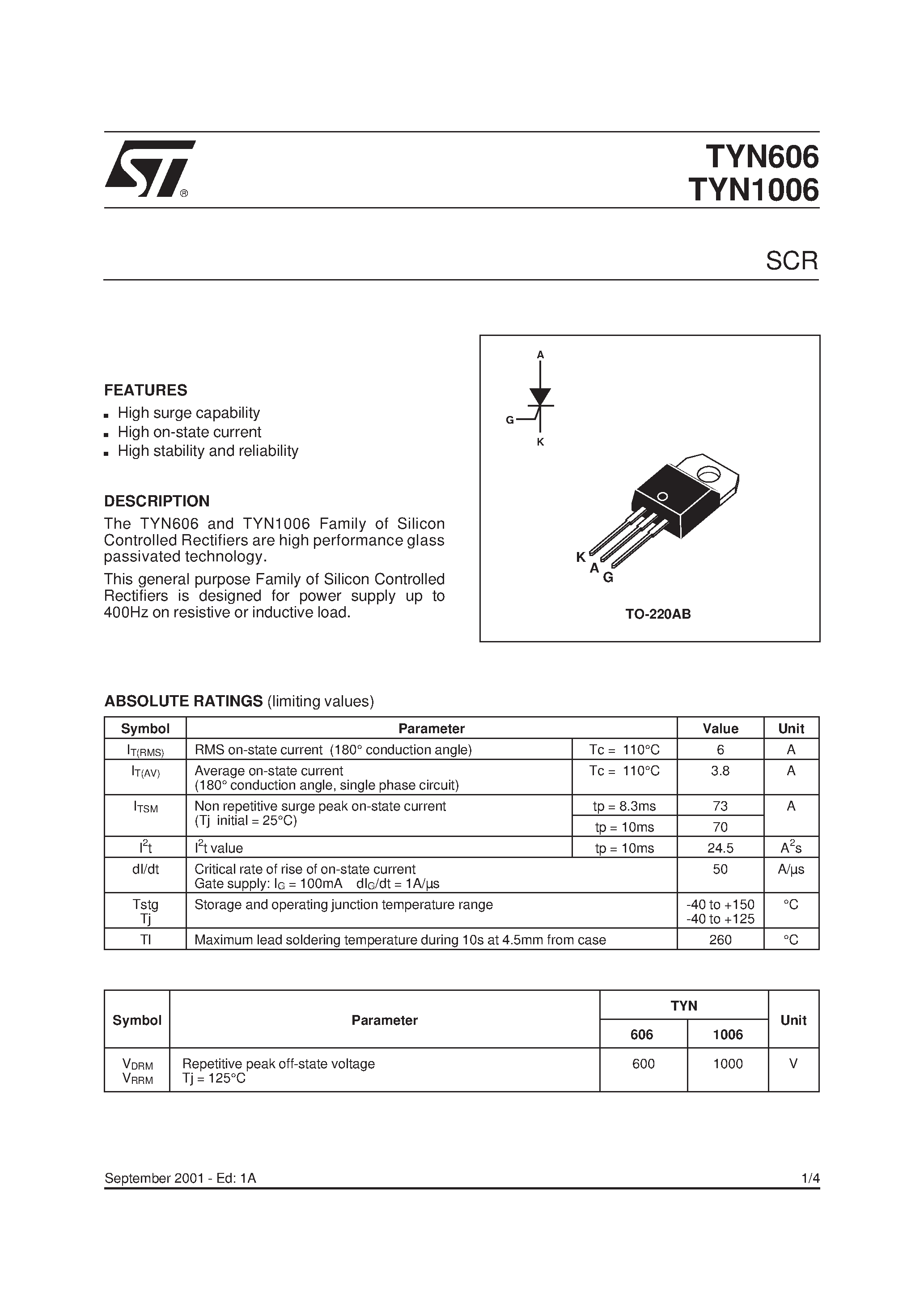 Даташит на микросхему TYN606 страница 1 Даташит TYN606 - SCR страница 1