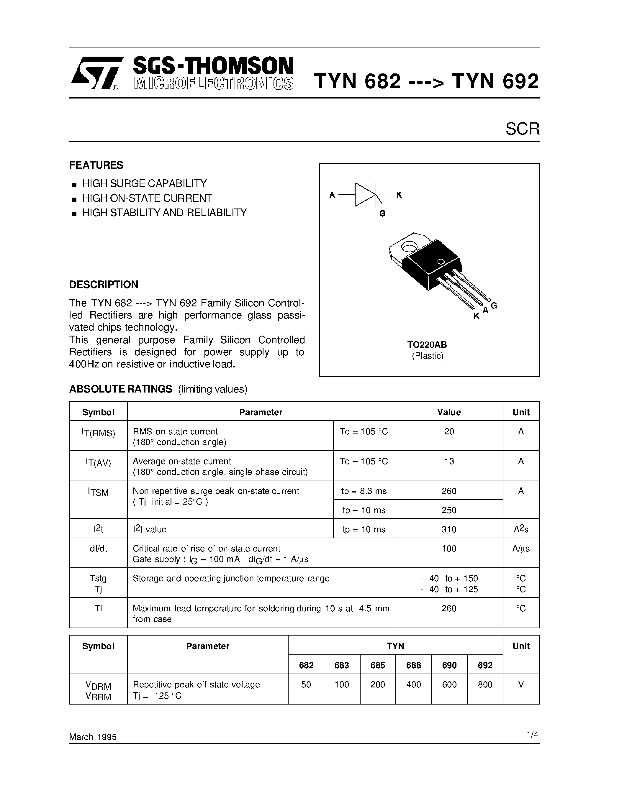 Datasheet TYN688 - SCR page 1