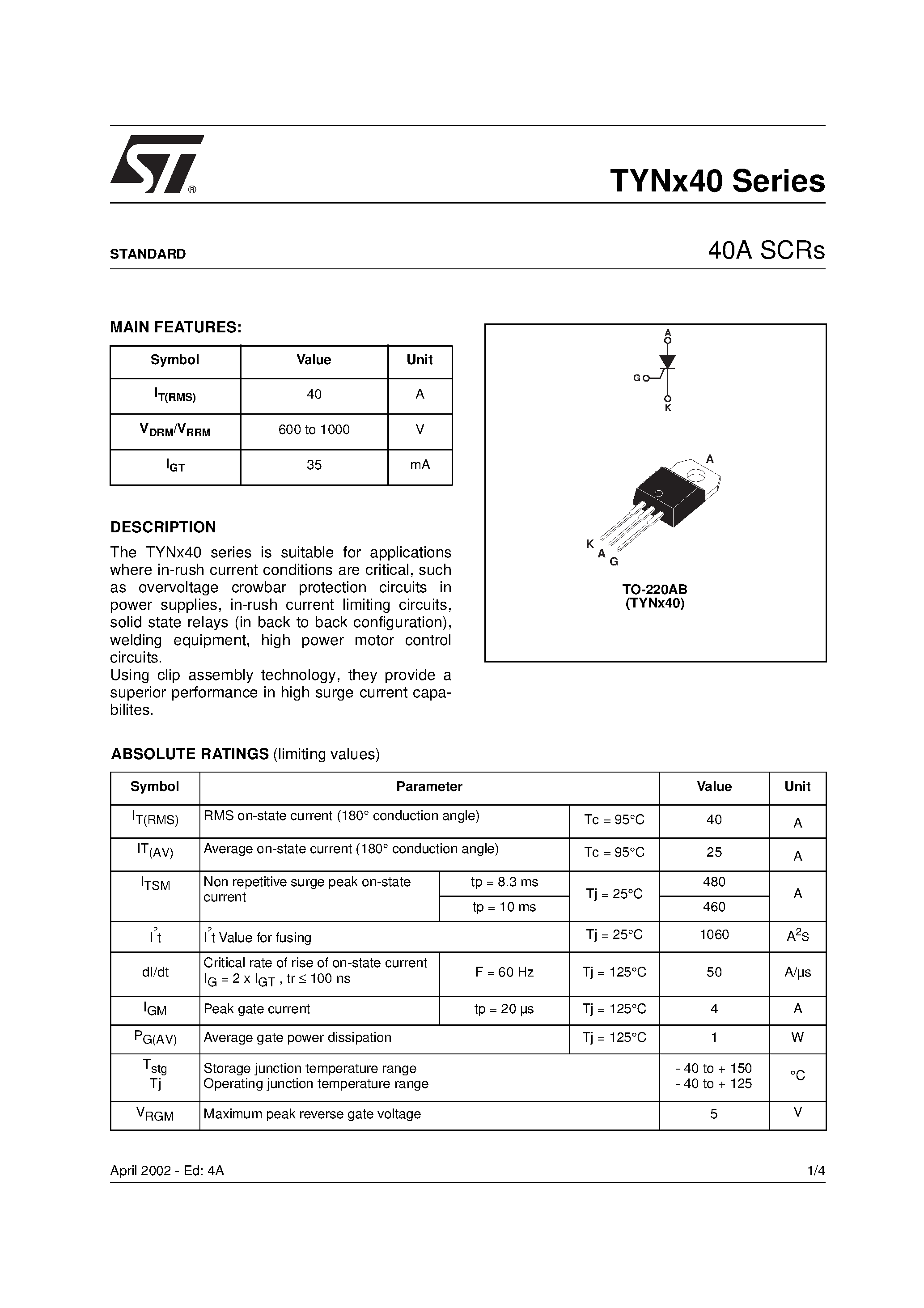 Datasheet TYNX40 page 1 Datasheet TYNX40 - 40A SCRs page 1
