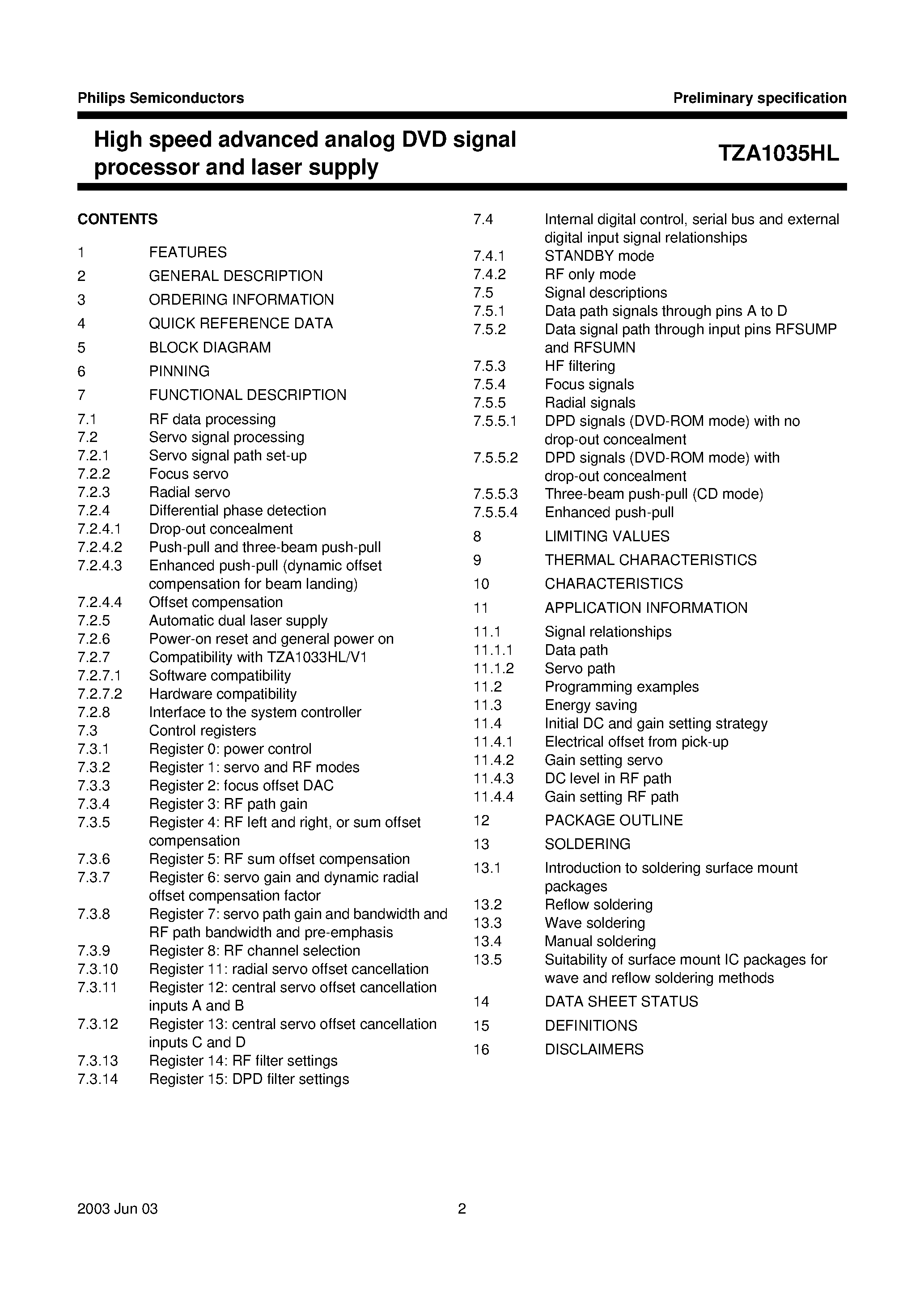 Datasheet TZA1035HL - High speed advanced analog DVD signal processor and laser supply page 2