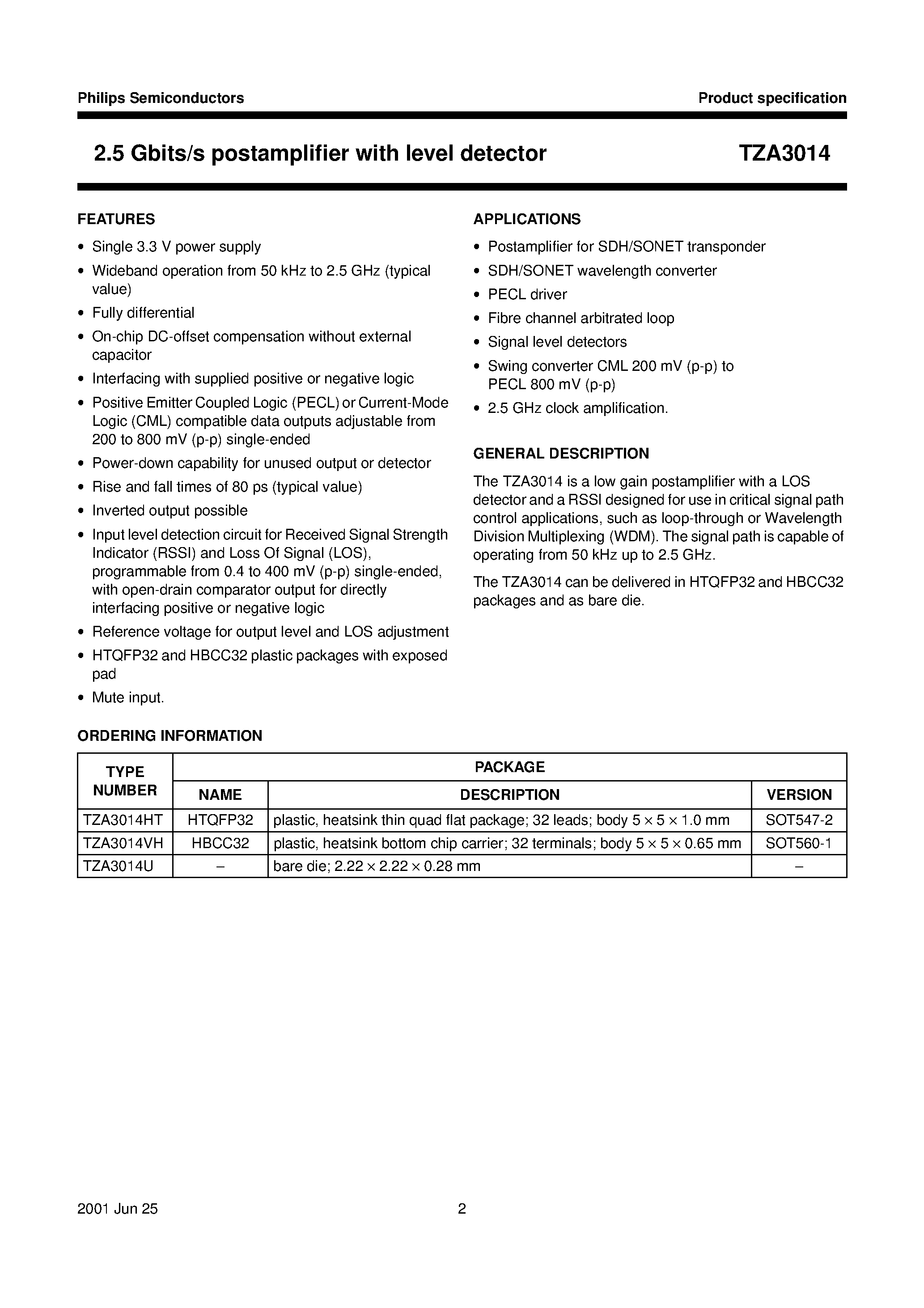 Datasheet TZA3014HT - 2.5 Gbits/s postamplifier with level detector page 2