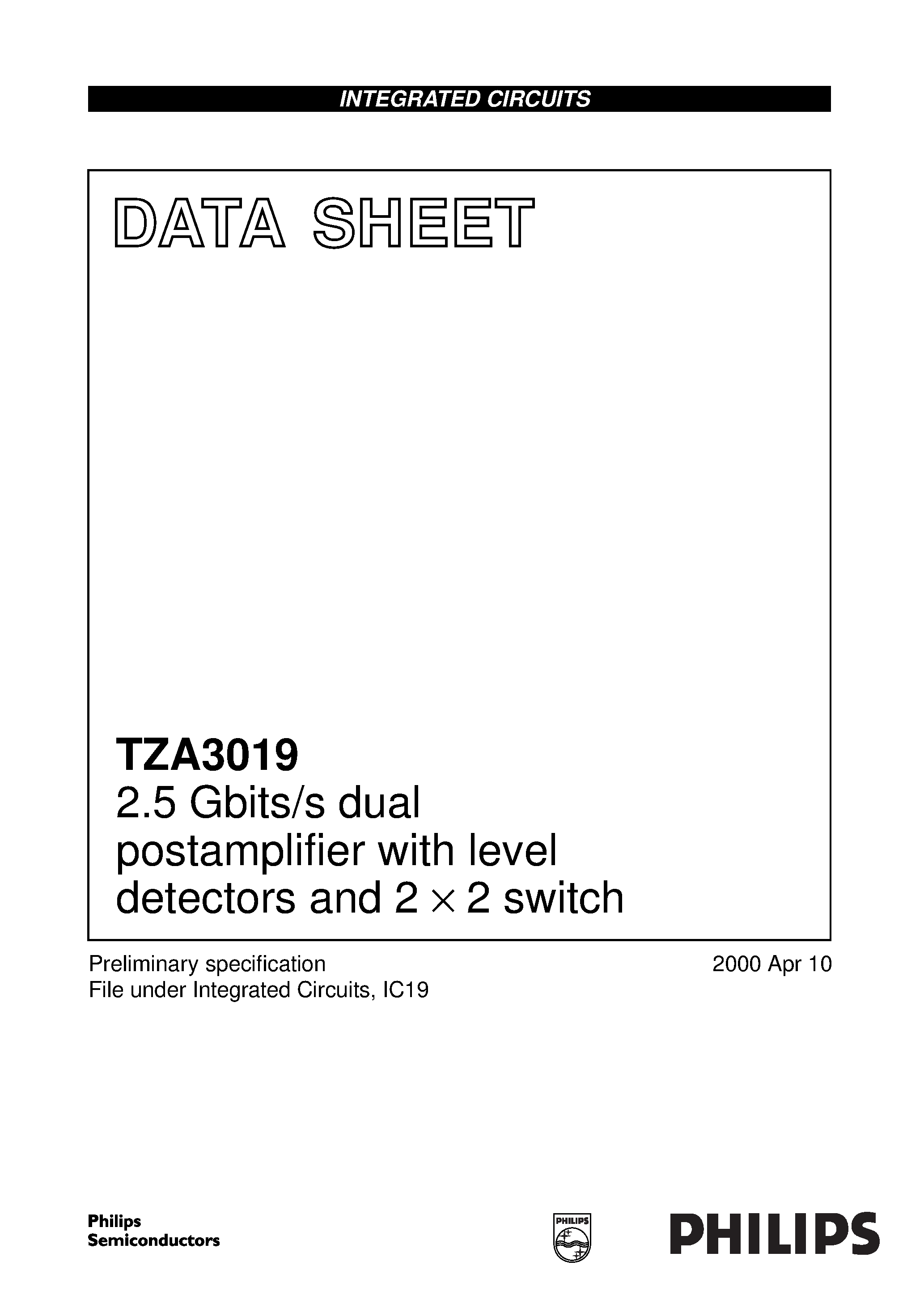 Даташит TZA3019BHT - 2.5 Gbits/s dual postamplifier with level detectors and 2 x 2 switch страница 1