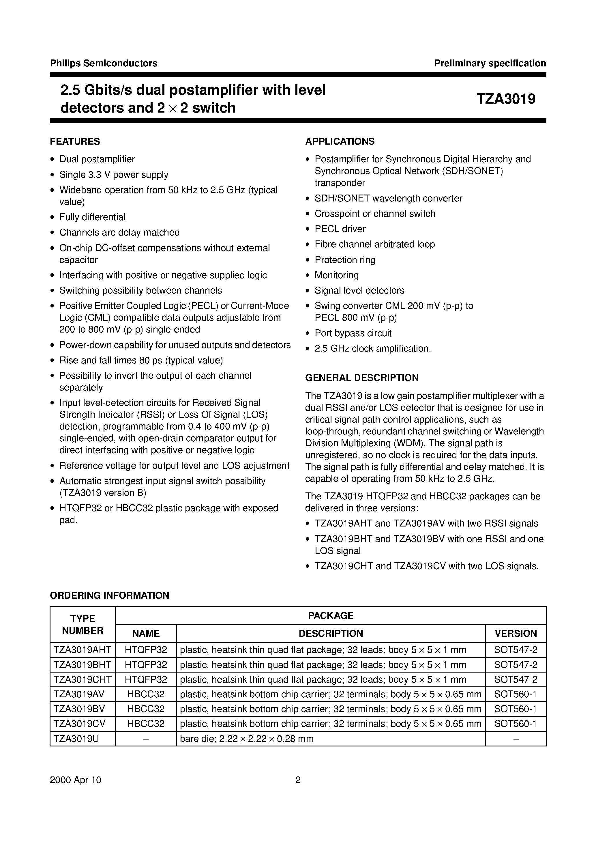 Даташит TZA3019BV - 2.5 Gbits/s dual postamplifier with level detectors and 2 x 2 switch страница 2