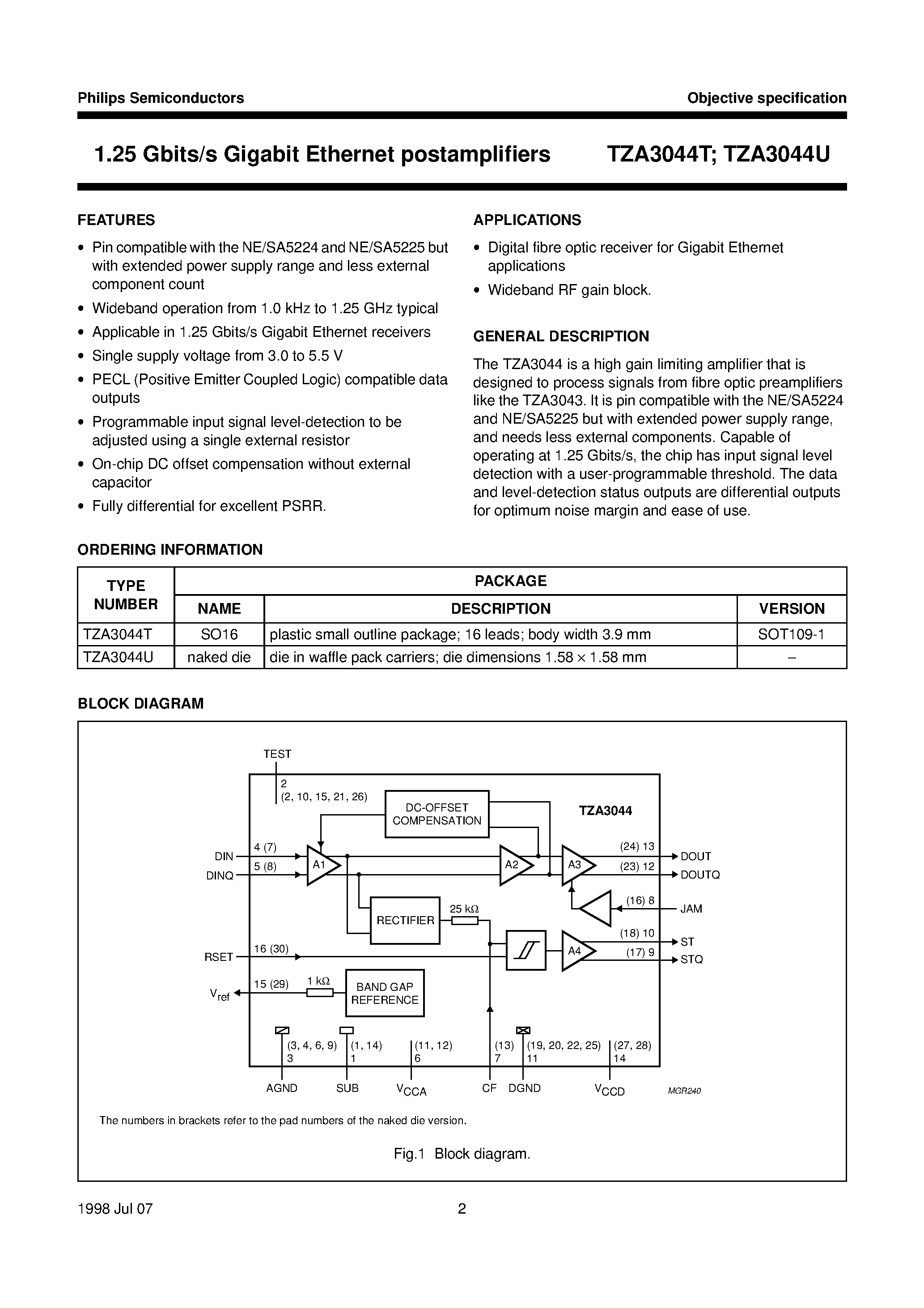 Datasheet TZA3044T - SDH/SONET STM4/OC12 and 1.25 Gbits/s Gigabit Ethernet postamplifiers page 2