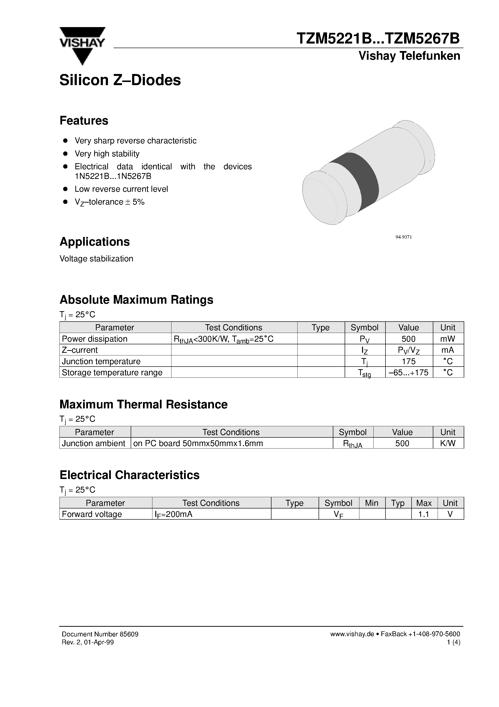 Datasheet TZM5248B page 1 Datasheet TZM5248B - Silicon Z-Diodes page 1