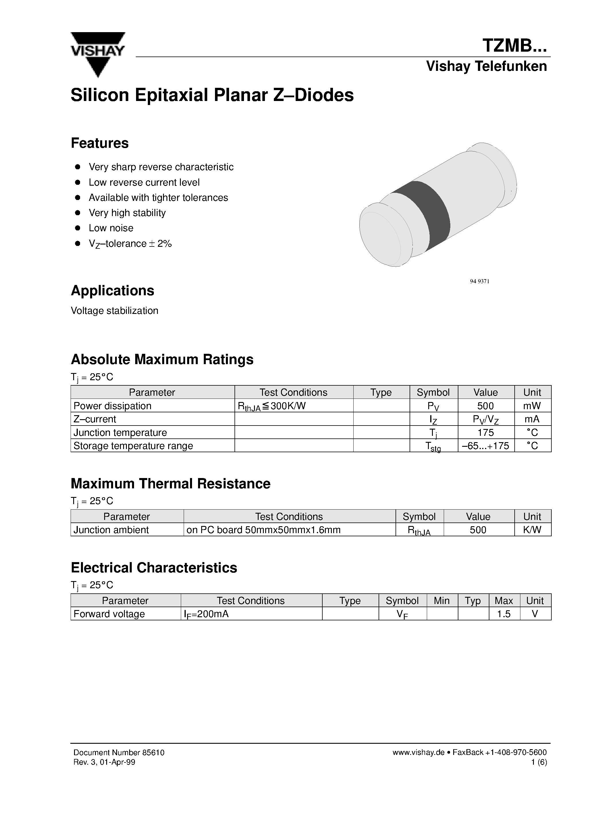 Datasheet TZMB3V3 page 1 Datasheet TZMB3V3 - Silicon Epitaxial Planar Z-Diodes page 1