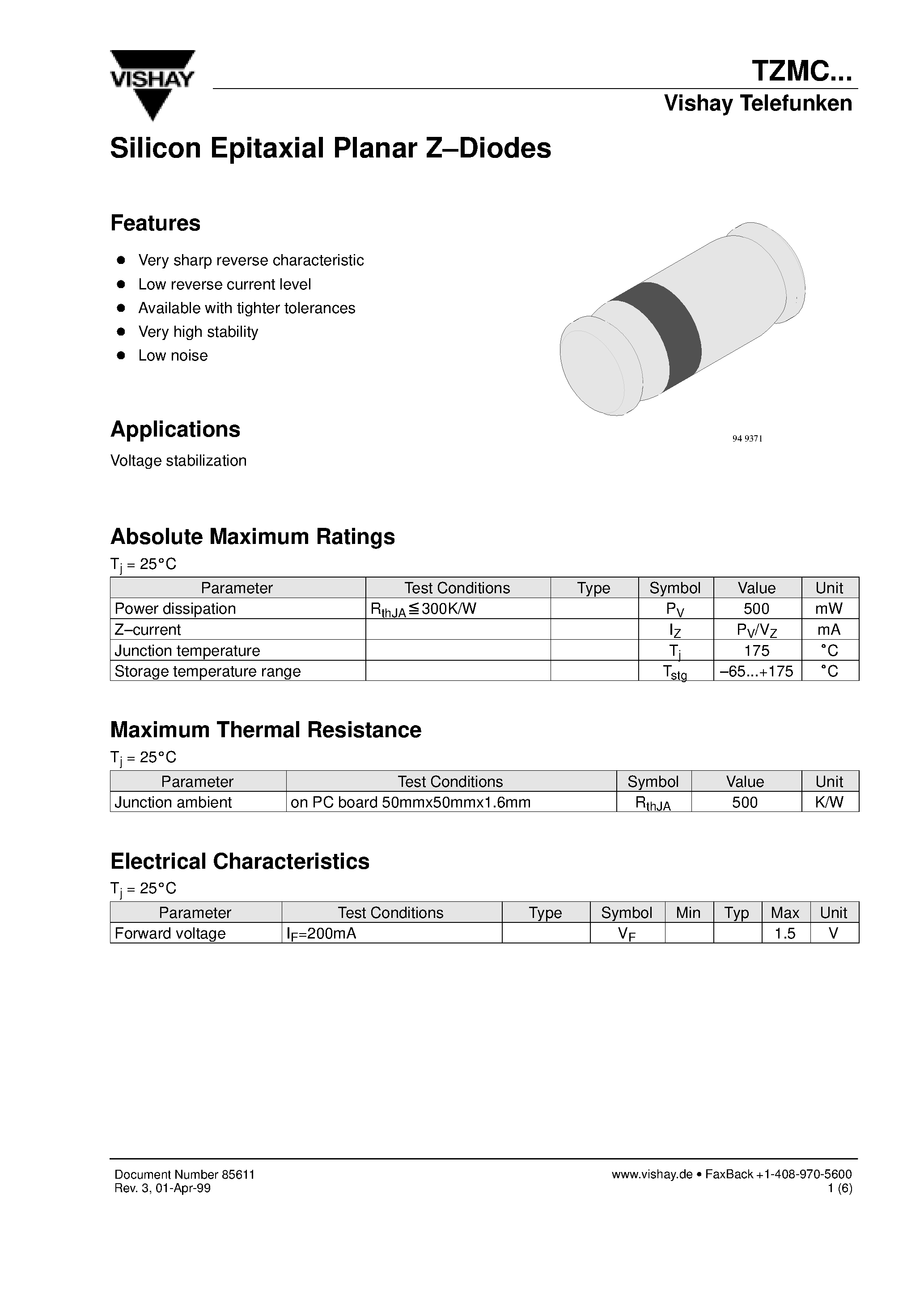 Datasheet TZMC6V2 page 1 Datasheet TZMC6V2 - Silicon Epitaxial Planar Z-Diodes page 1