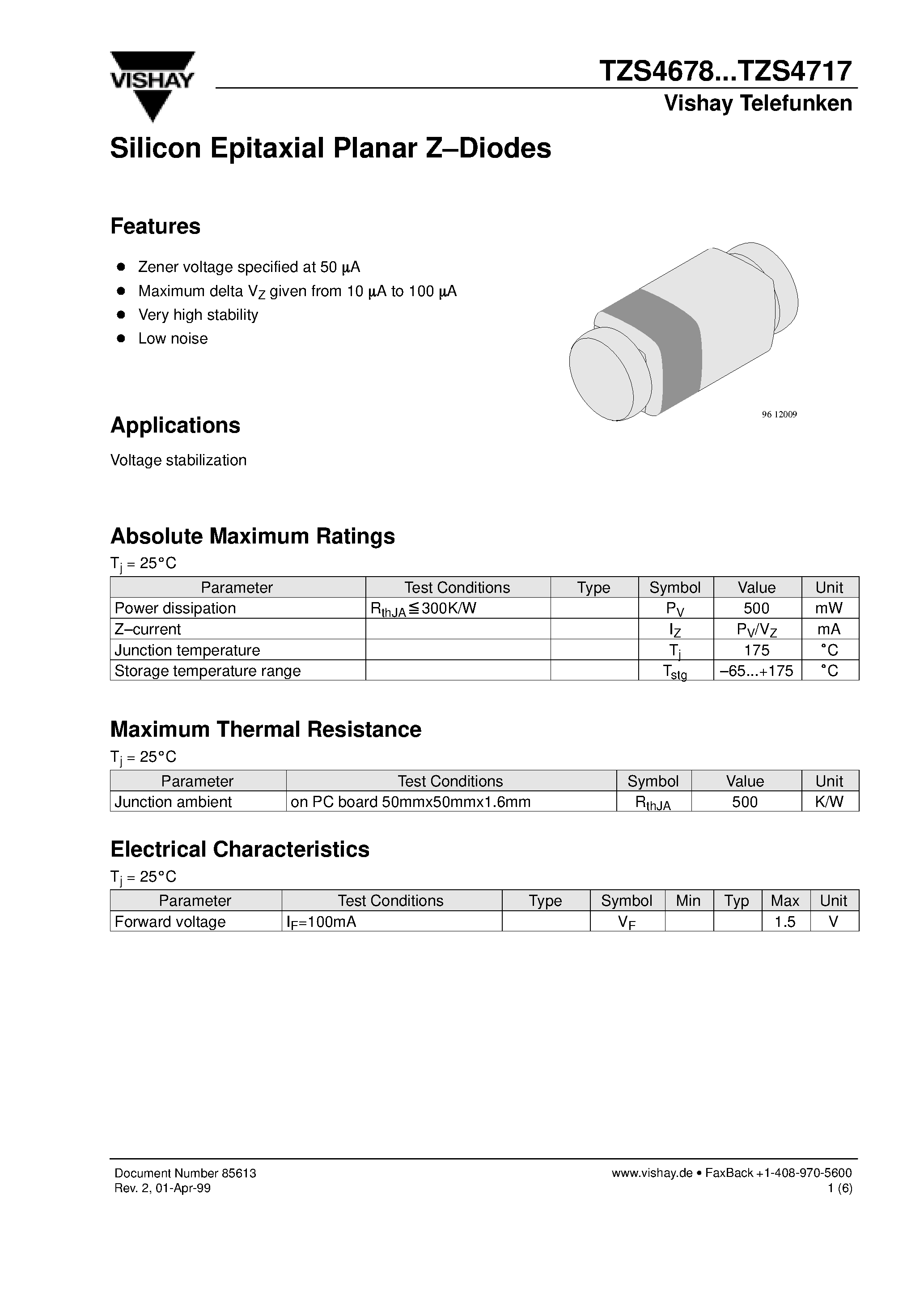 Даташит TZS4686 - Silicon Epitaxial Planar Z-Diodes страница 1
