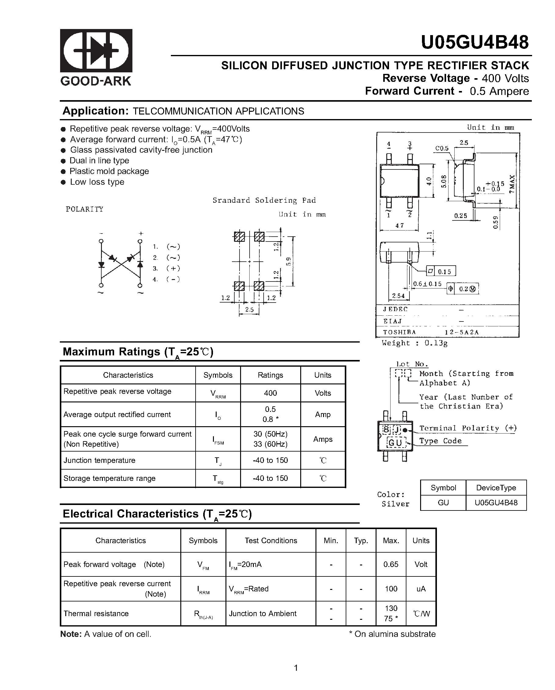 Даташит U05GU4B48 - SILICON DIFFUSED JUNCTION TYPE RECTIFIER STACK страница 1