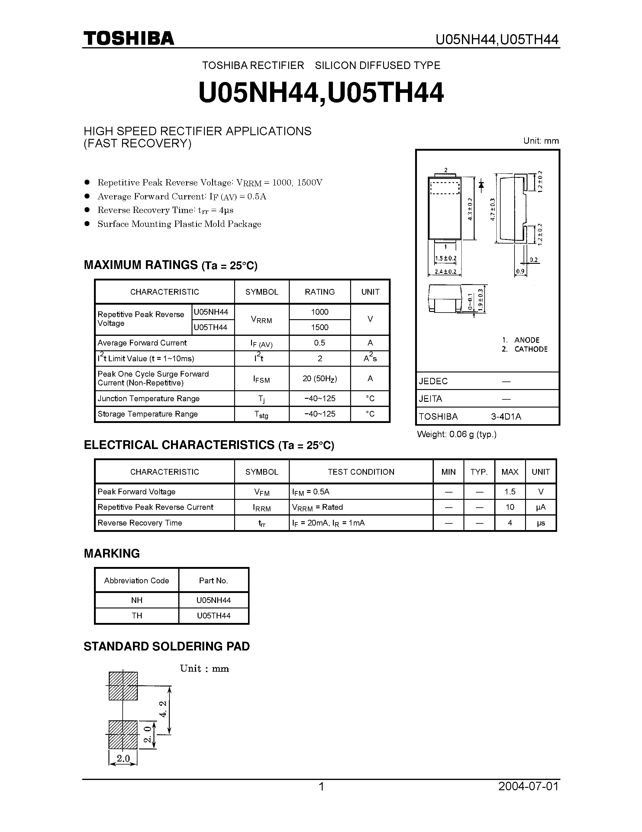 Datasheet U05NH44 page 1 Datasheet U05NH44 - HIGH SPEED RECTIFIER APPLICATIONS (FAST RECOVERY) page 1