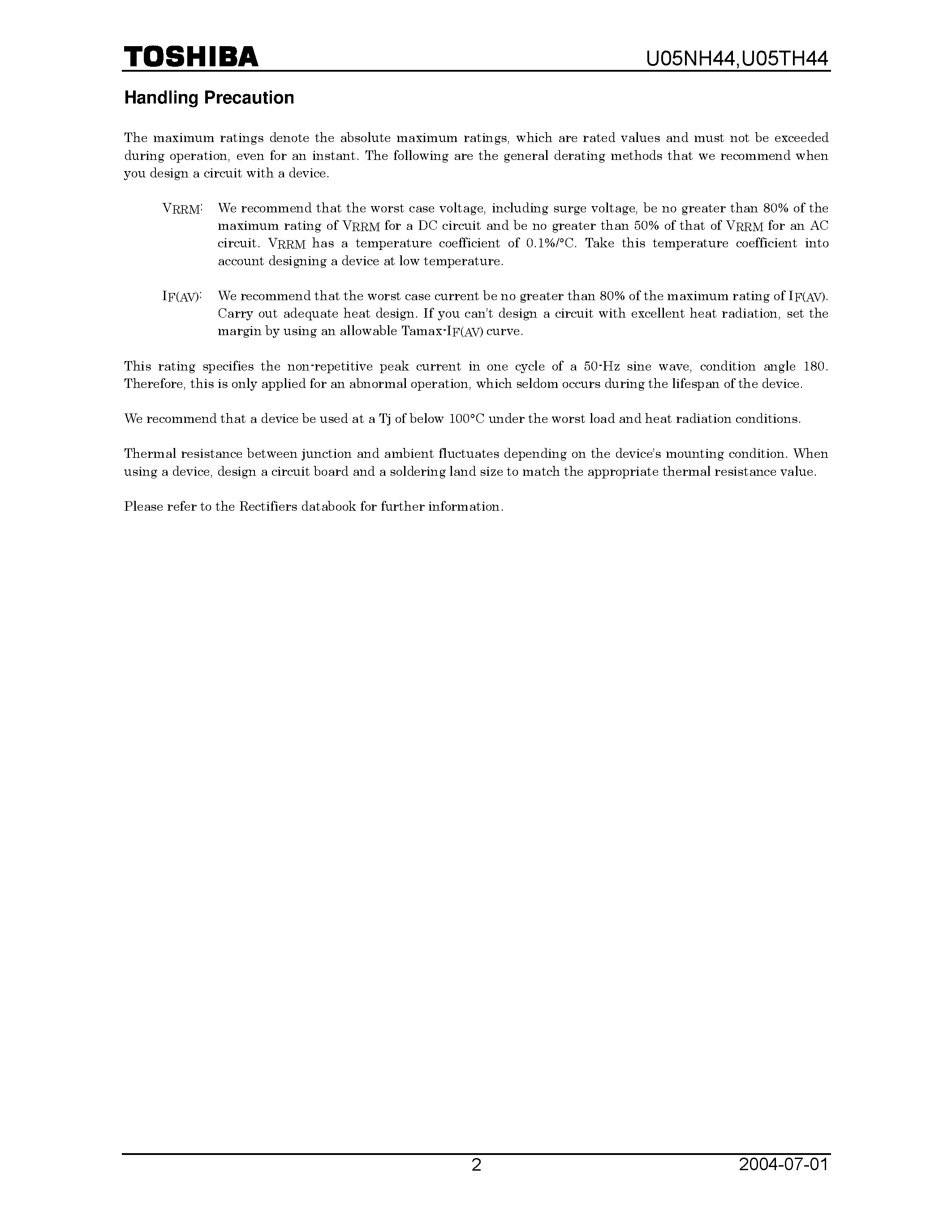 Datasheet U05TH44 page 2 Datasheet U05TH44 - HIGH SPEED RECTIFIER APPLICATIONS (FAST RECOVERY) page 2