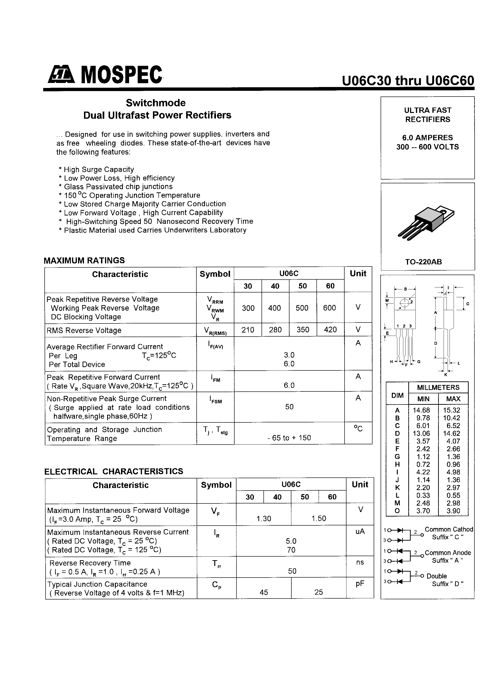 Datasheet U06C40 - POWER RECTIFIERS(6.0A/300-600V) page 1