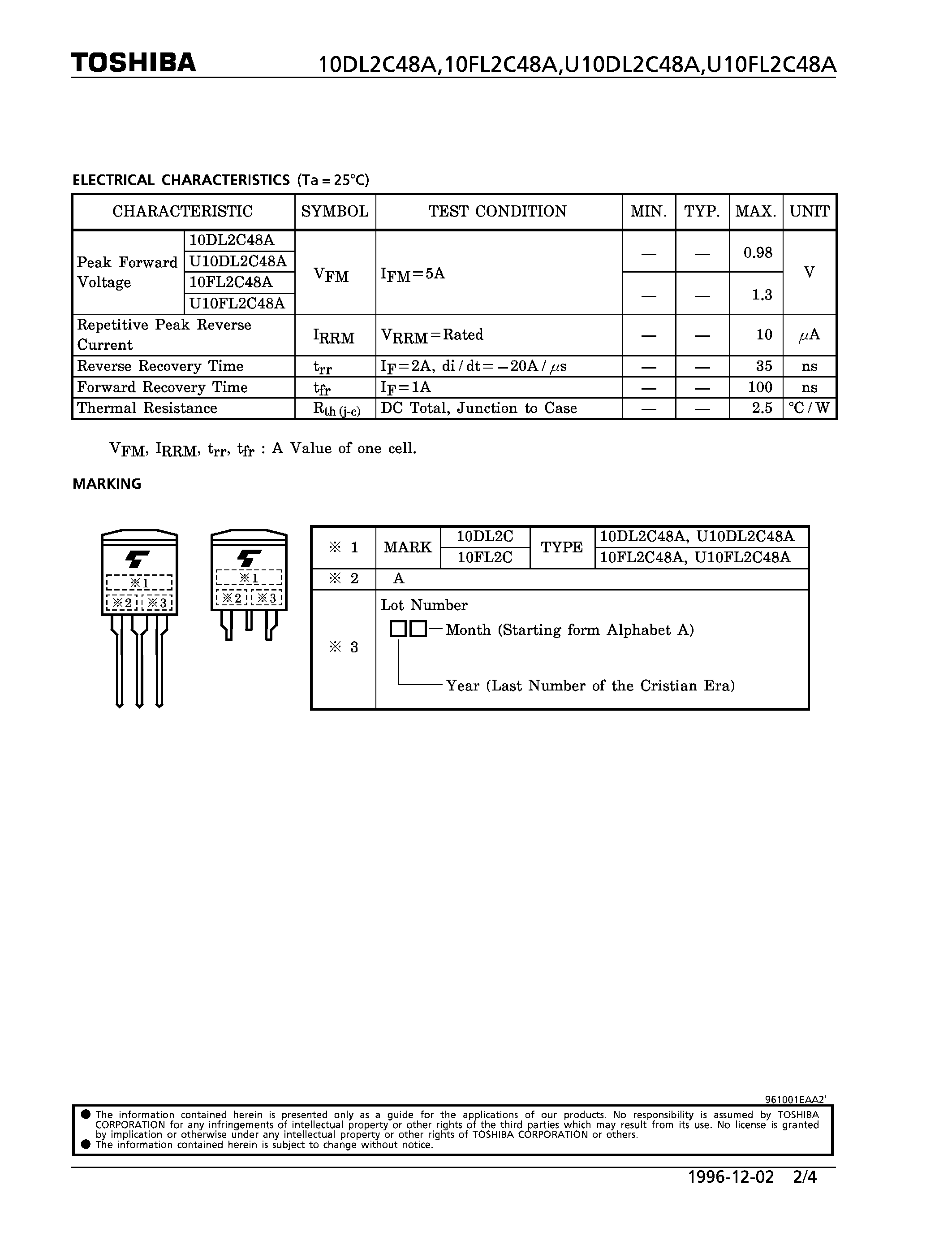 Datasheet U10DL2C48A page 2 Datasheet U10DL2C48A - DIODE STACK (SWITCHING TYPE POWER SUPPLY APPLICATION. CONVERTER & CHOPPER APPLICATION.) page 2