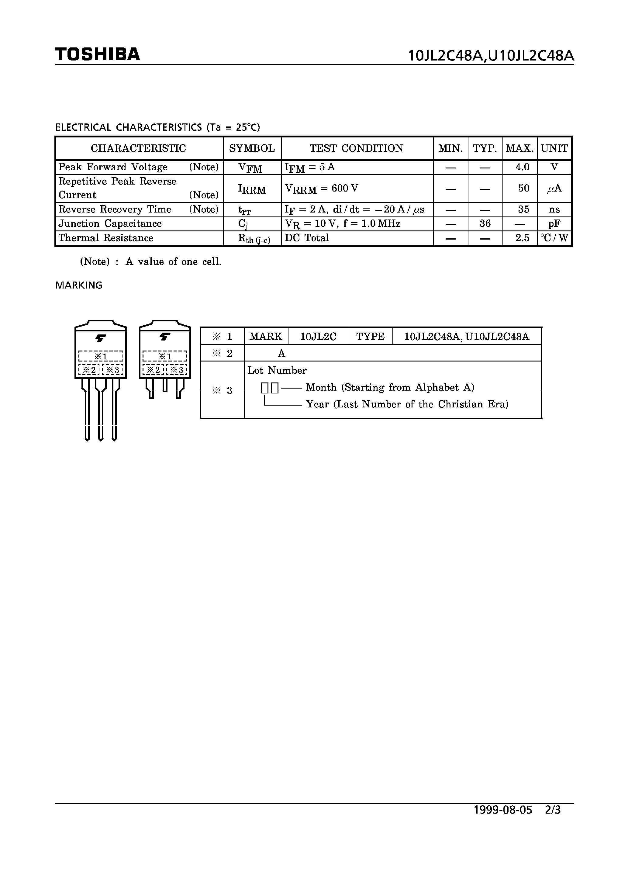 Datasheet U10JL2C48A page 2 Datasheet U10JL2C48A - HIGH EFFICIENCY DIODE STACK (SWITCHING TYPE POWER SUPPLY APPLICATION) page 2