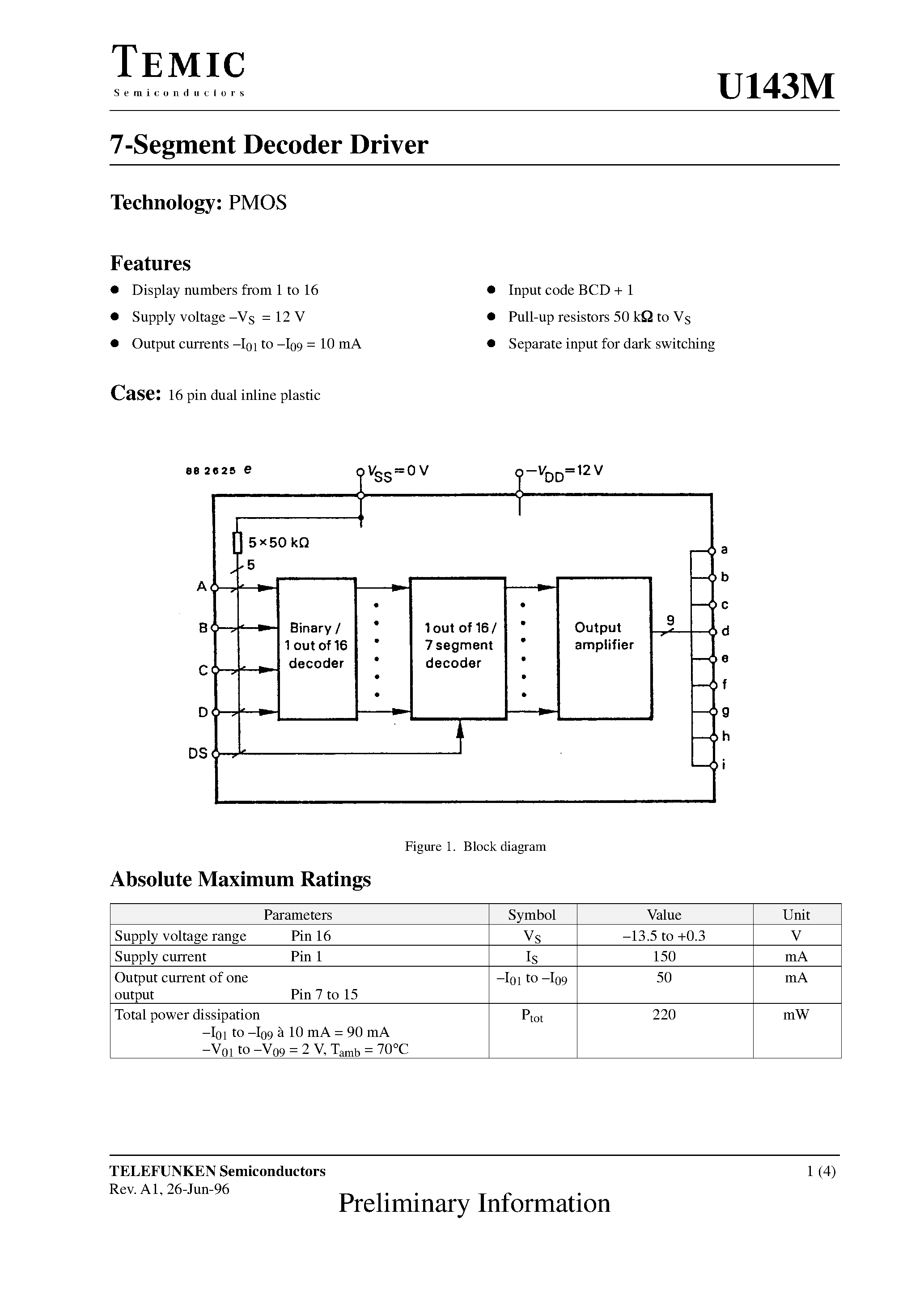 Даташит U143M - 7-Segment Decoder Driver страница 1