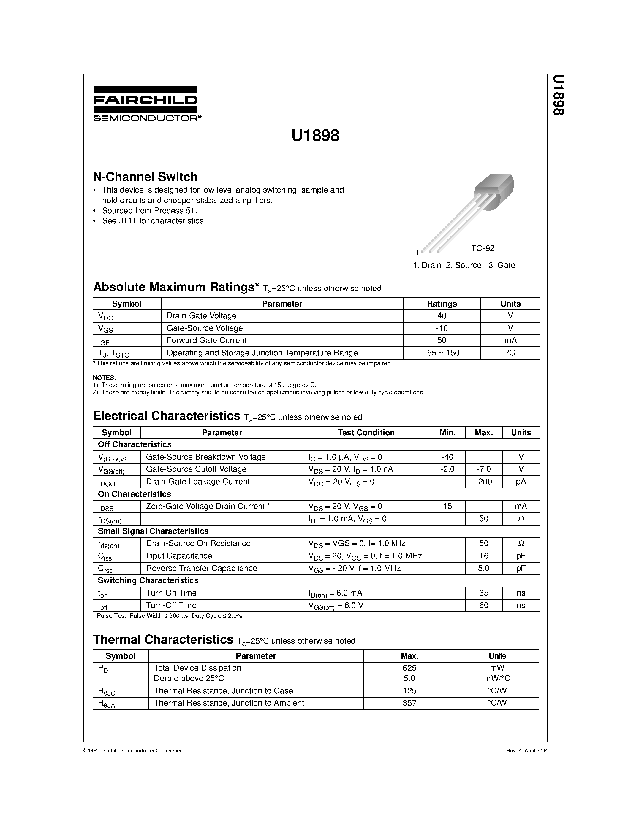 Datasheet U1898 page 1 Datasheet U1898 - N-Channel Switch page 1