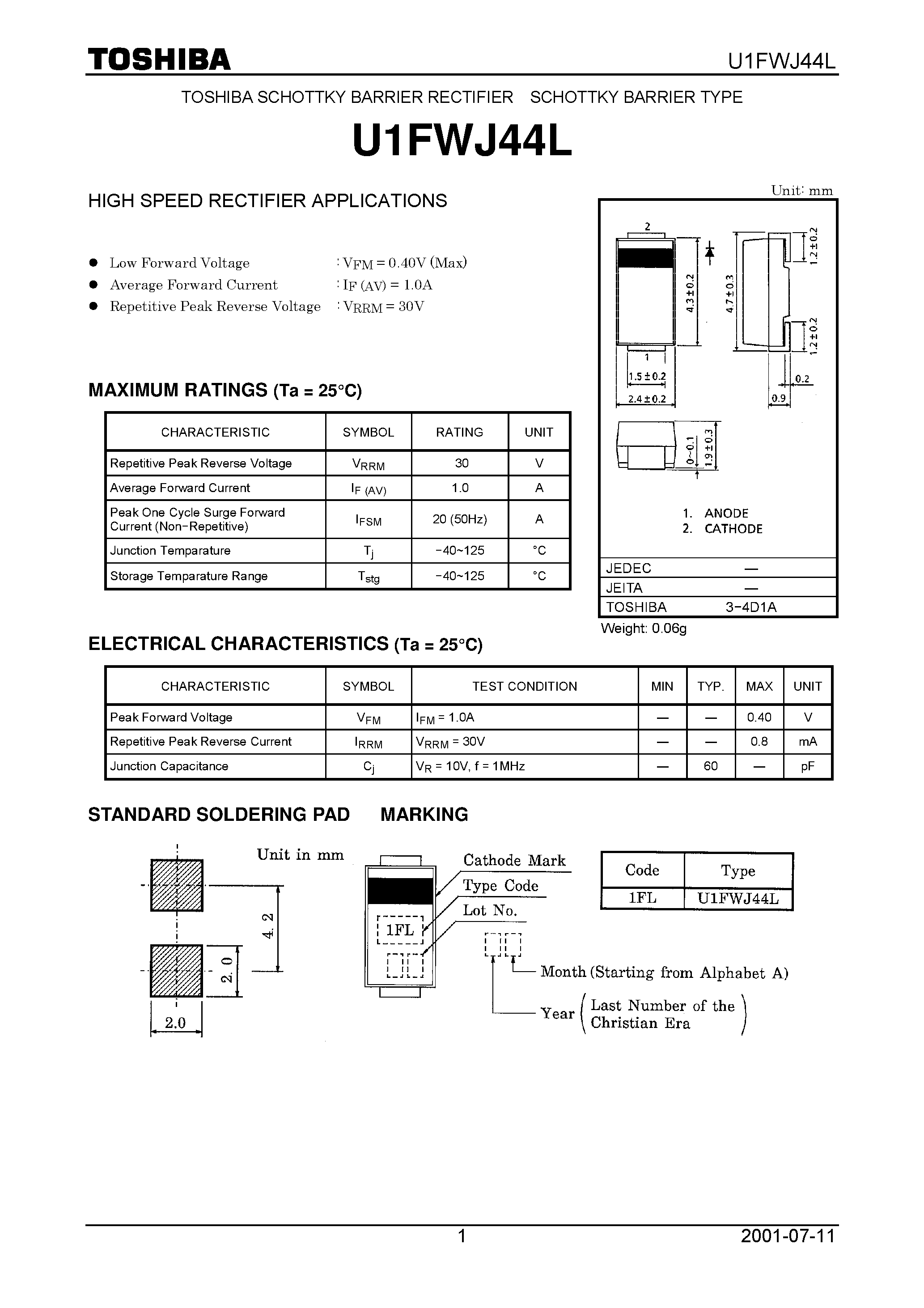 Datasheet U1FWJ44L page 1 Datasheet U1FWJ44L - TOSHIBA SCHOTTKY BARRIER RECTIFIER SCHOTTKY BARRIER TYPE page 1