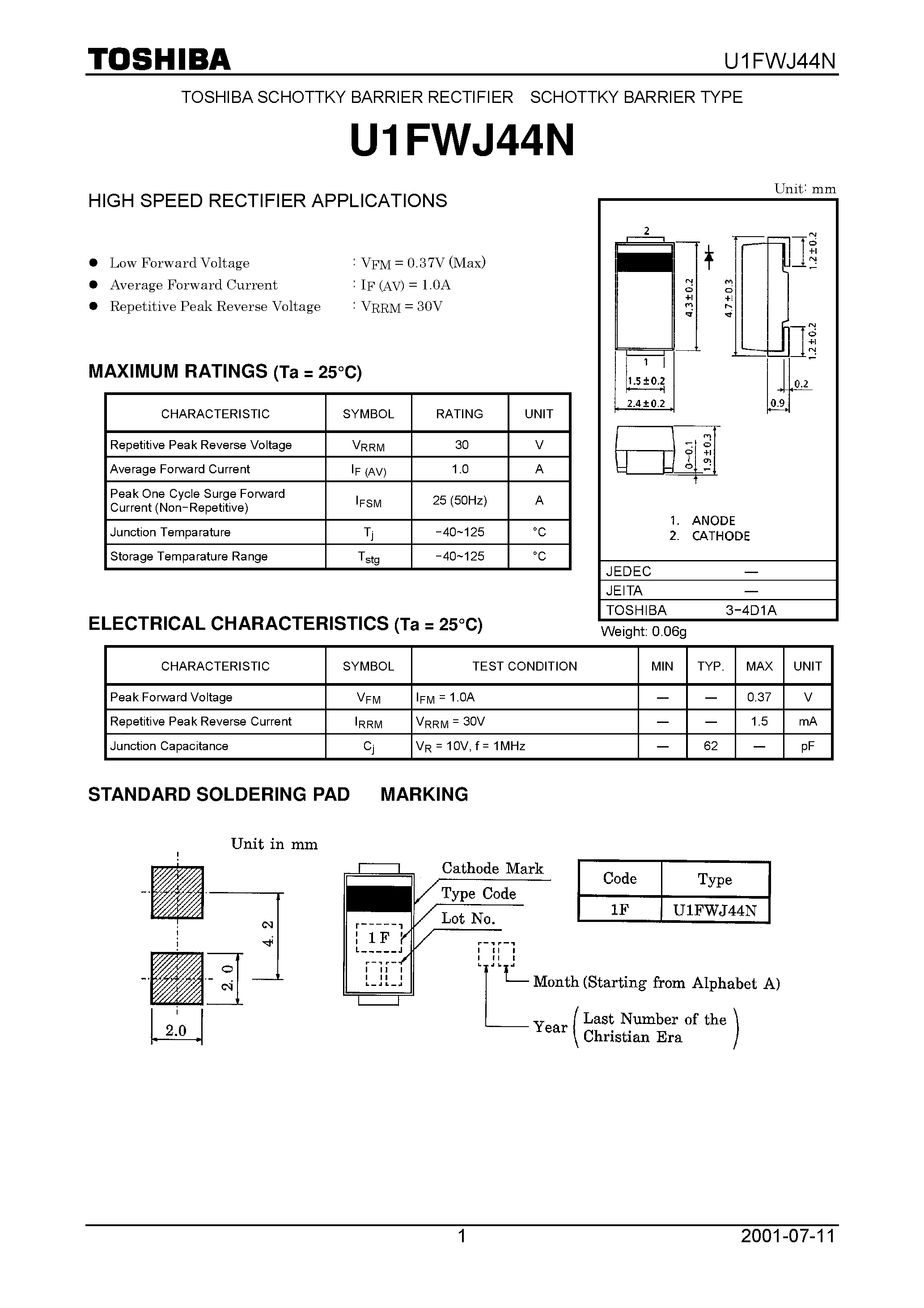 Datasheet U1FWJ44N page 1 Datasheet U1FWJ44N - HIGH SPEED RECTIFIER APPLICATIONS page 1