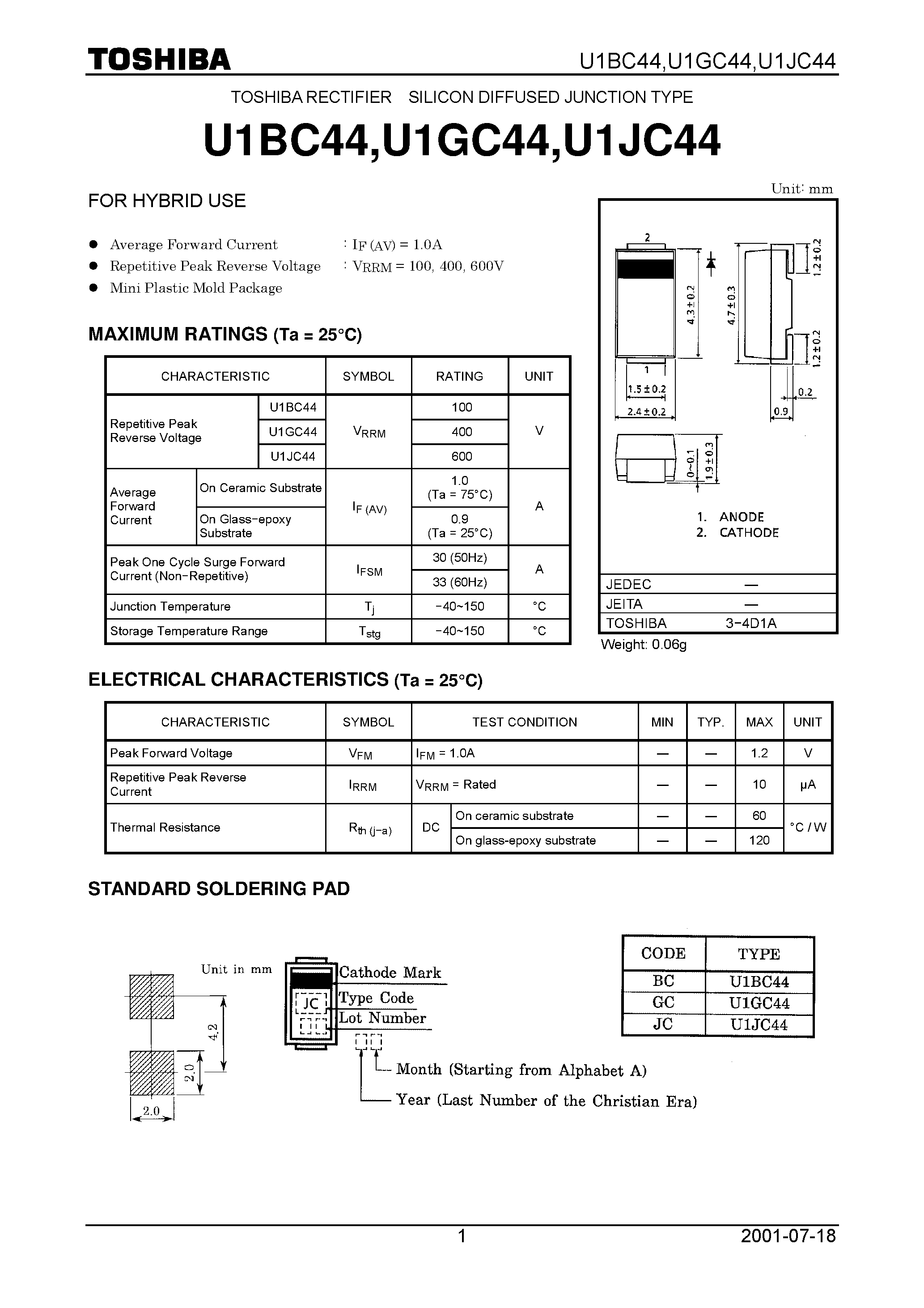 Datasheet U1GC44 page 1 Datasheet U1GC44 - TOSHIBA RECTIFIER SILICON DIFFUSED JUNCTION TYPE page 1