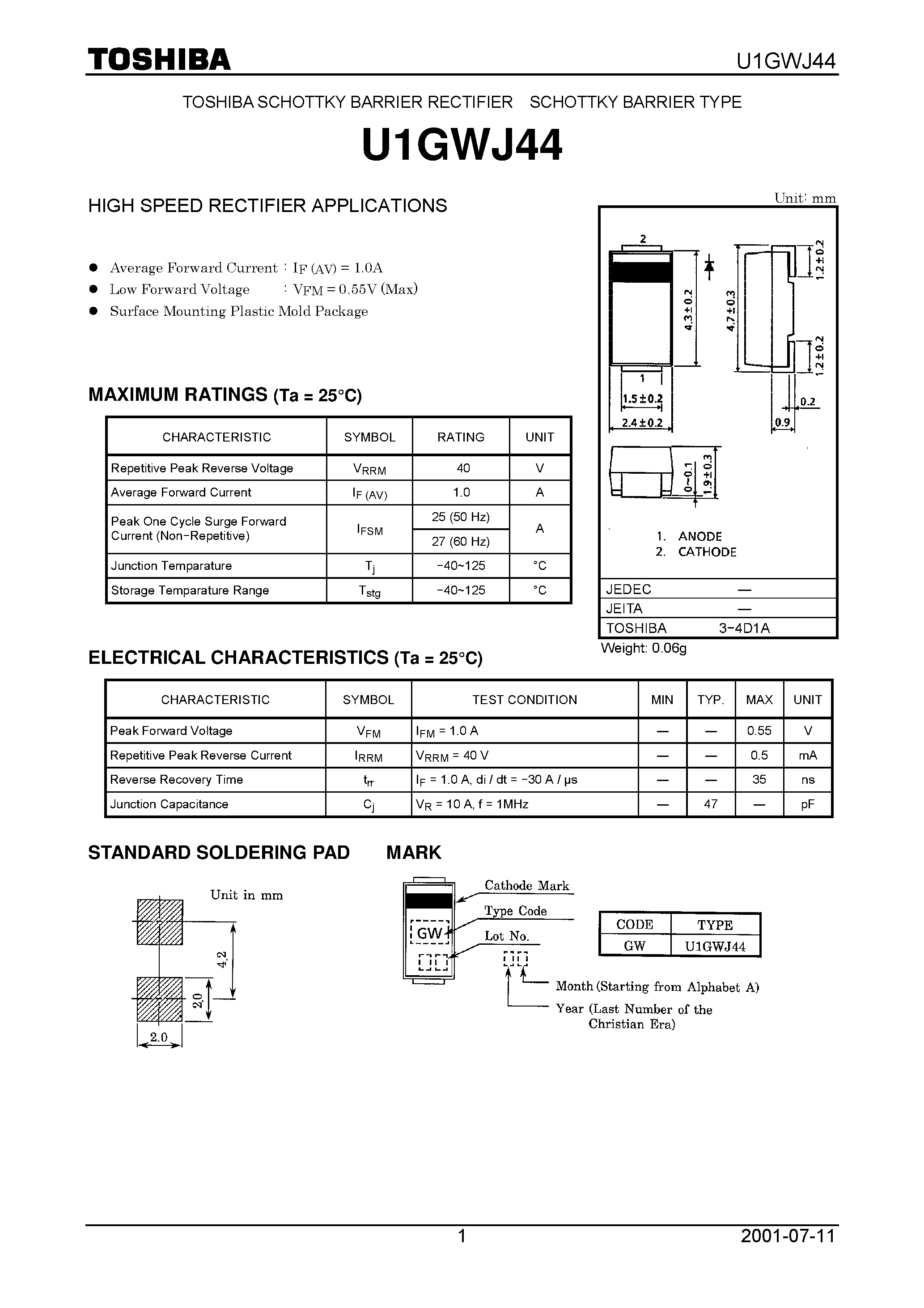 Datasheet U1GWJ44 page 1 Datasheet U1GWJ44 - HIGH SPEED RECTIFIER APPLICATIONS page 1