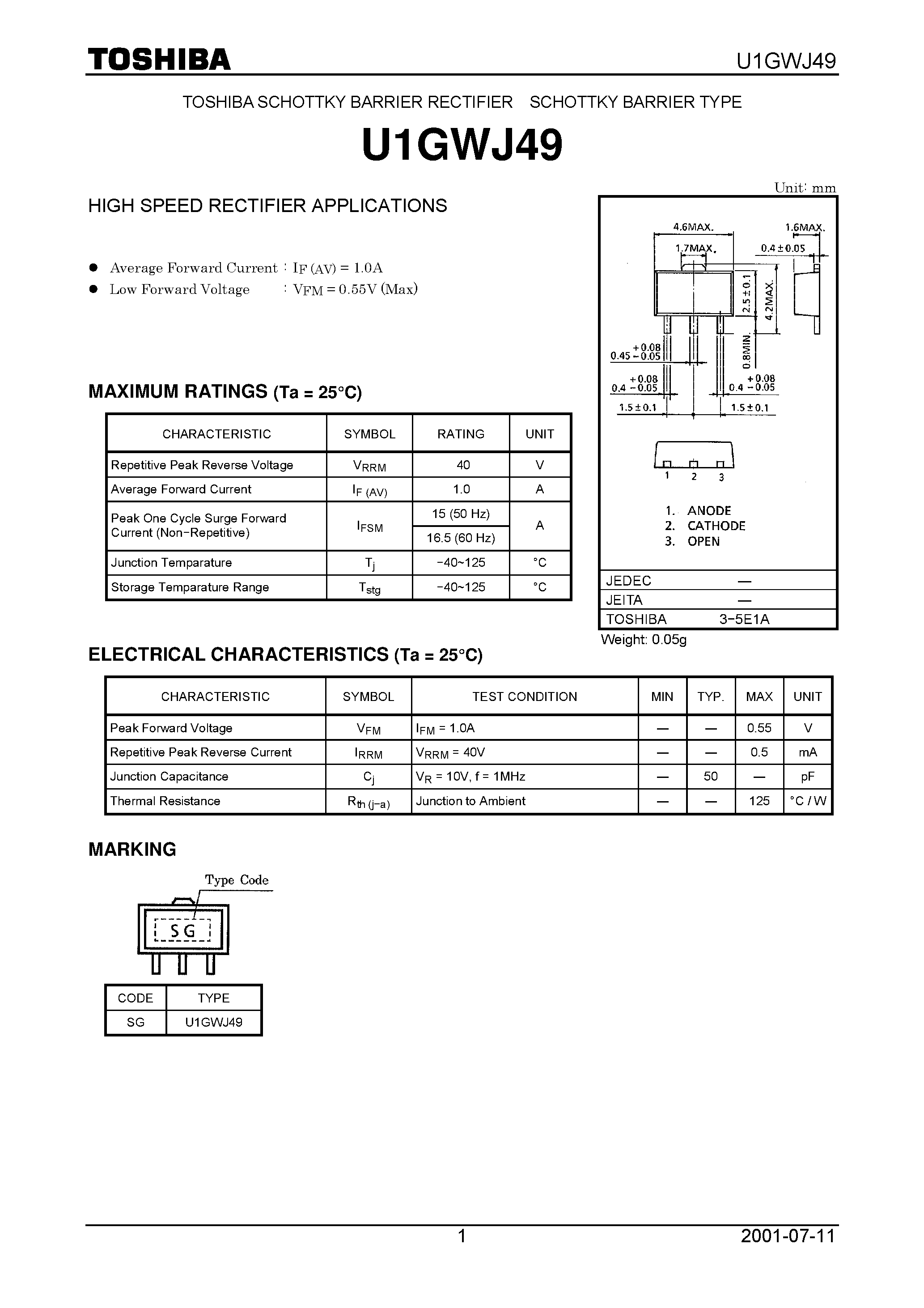 Datasheet U1GWJ49 page 1 Datasheet U1GWJ49 - HIGH SPEED RECTIFIER APPLICATIONS page 1