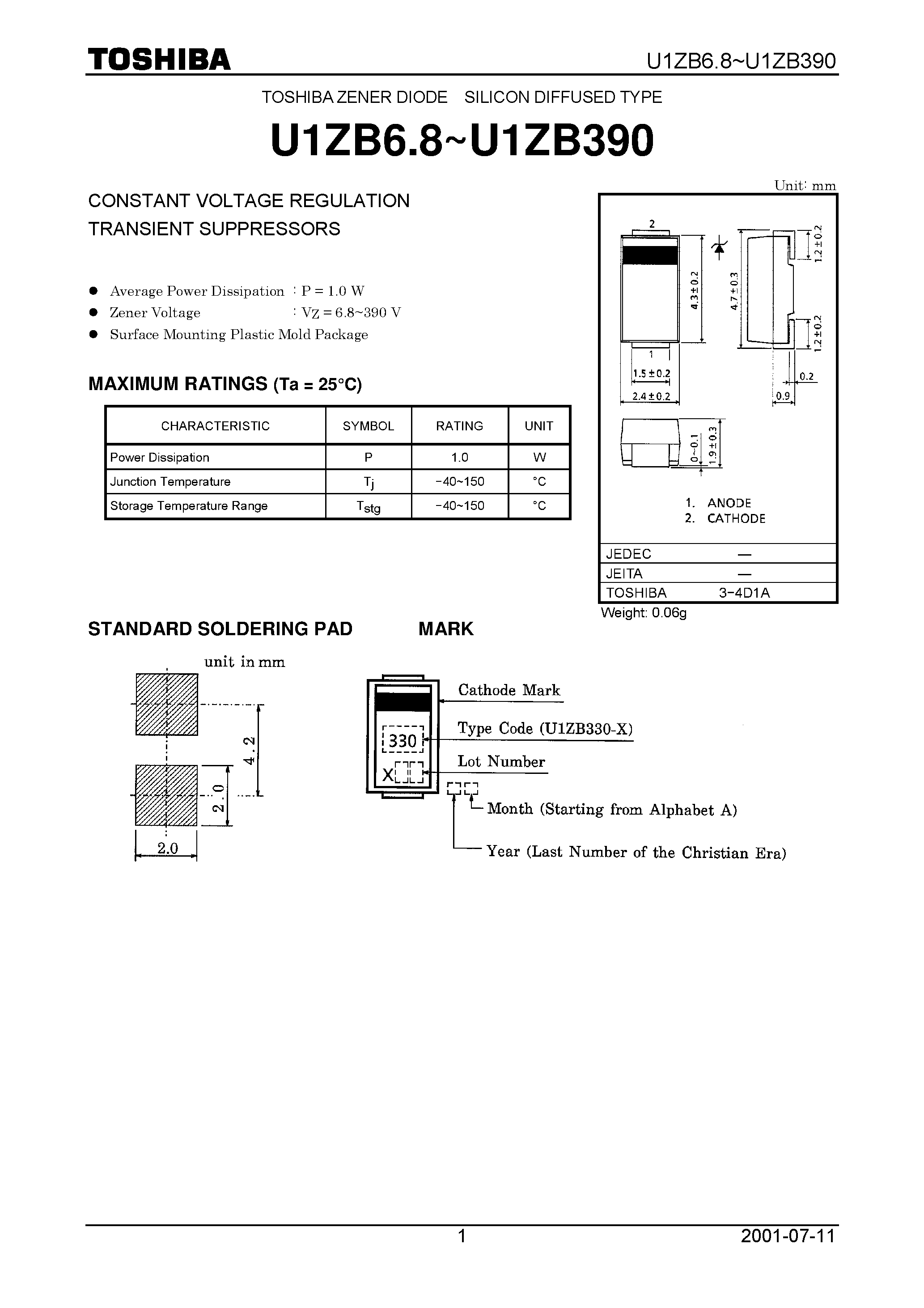 Datasheet U1ZB330-Y page 1 Datasheet U1ZB330-Y - CONSTANT VOLTAGE REGULATION TRANSIENT SUPPRESSORS page 1