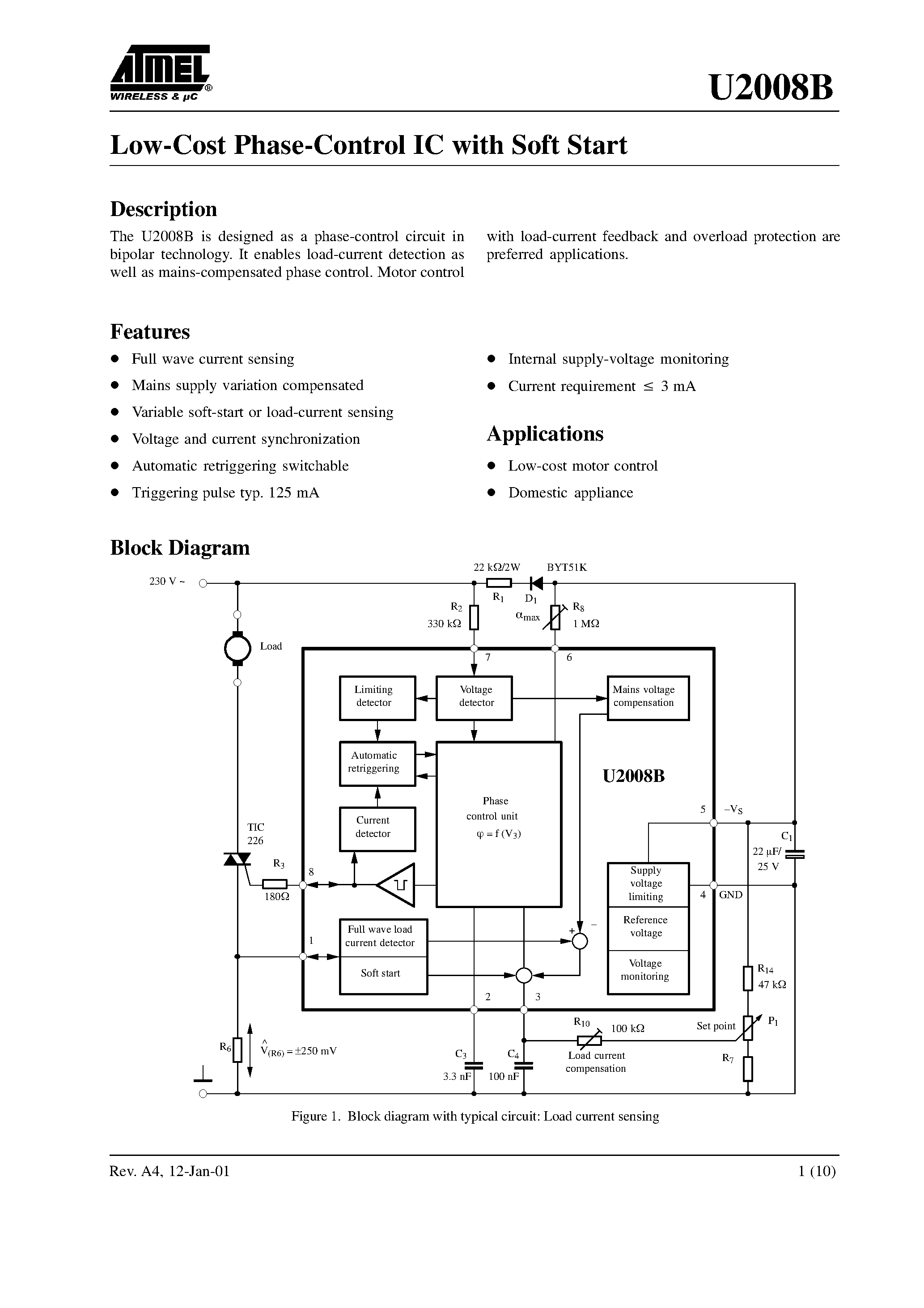 Даташит U2008B-MFP - Low-Cost Phase-Control IC with Soft Start страница 1