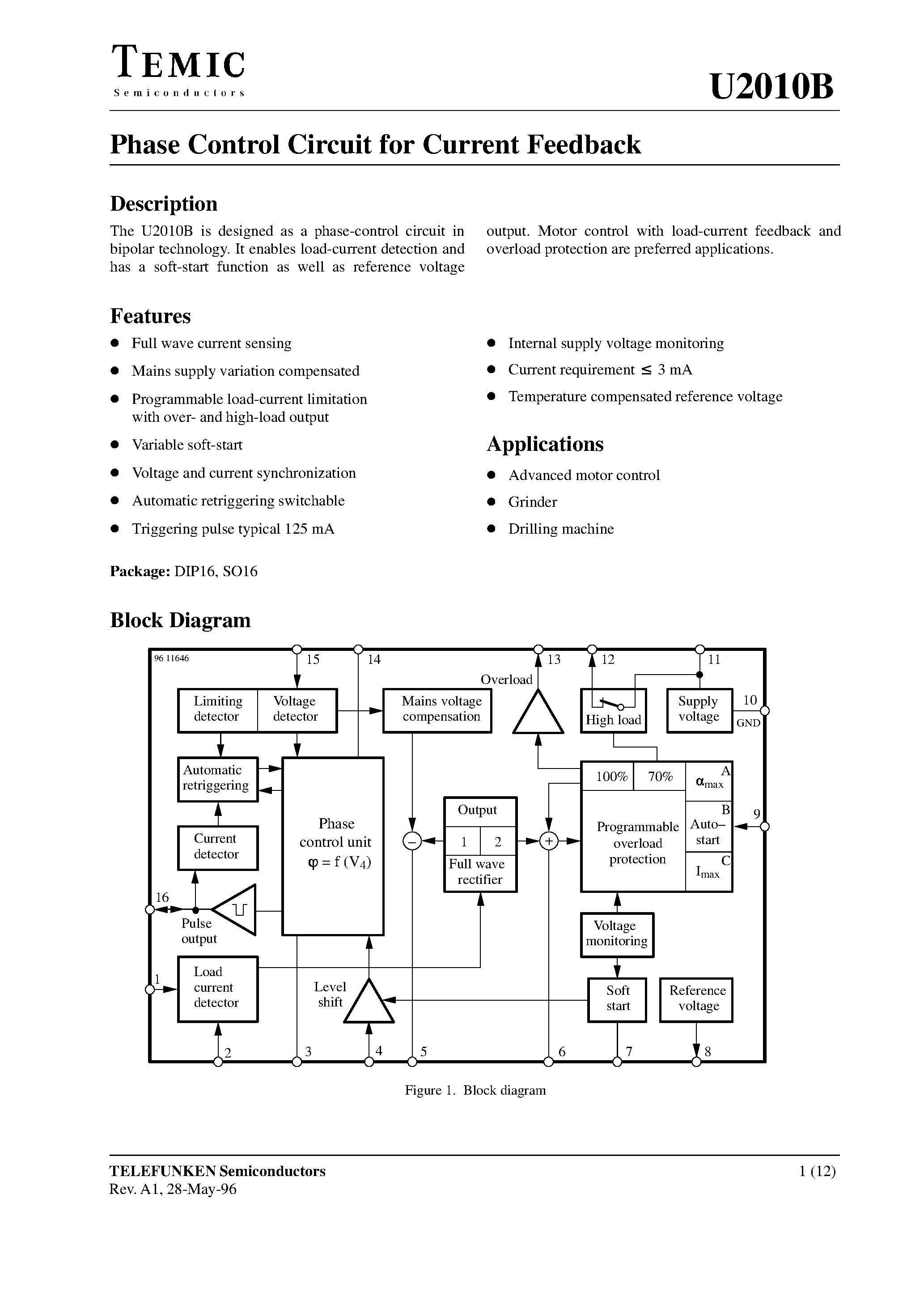 Даташит U2010B - Phase Control Circuit for Current Feedback страница 1
