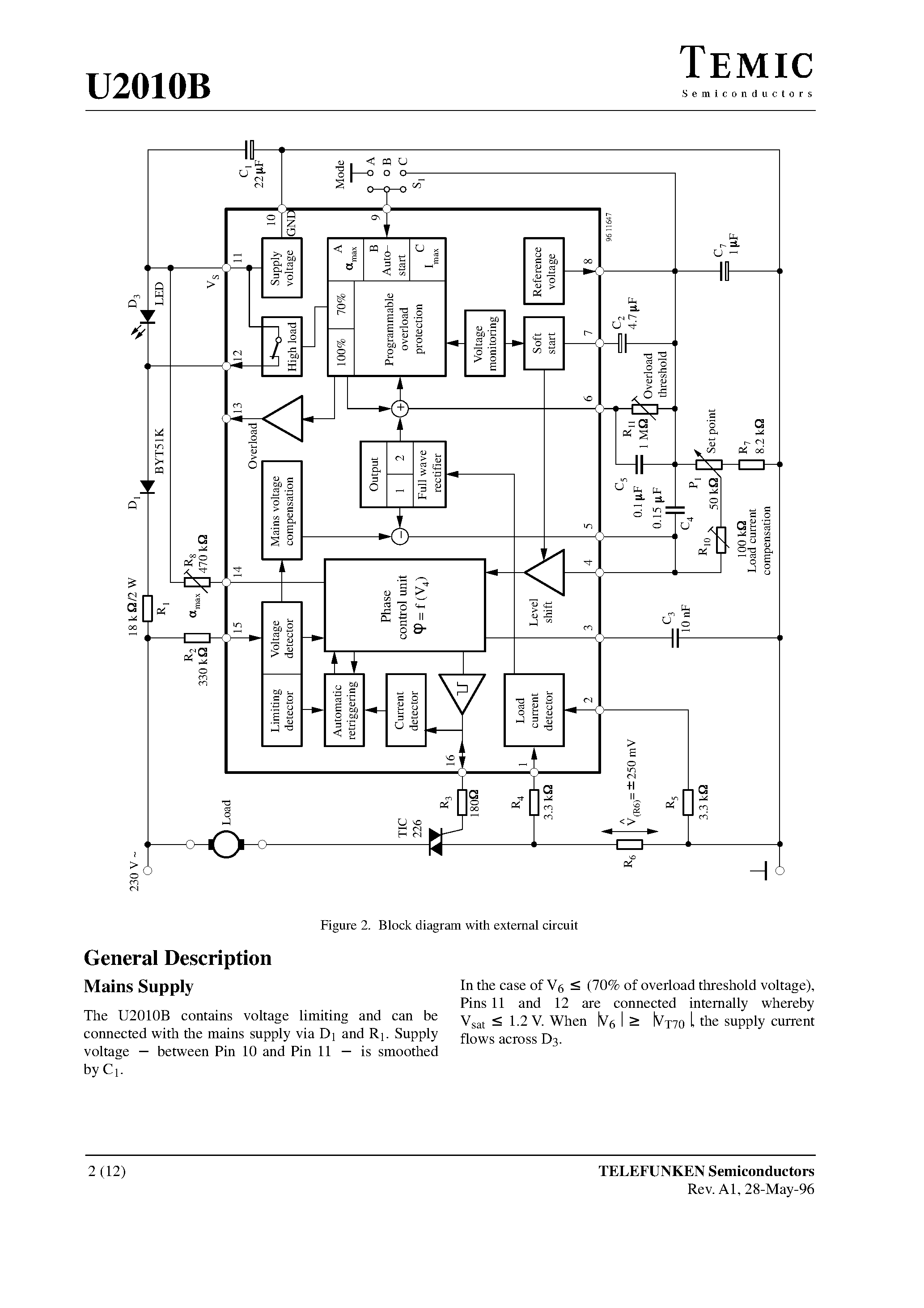 Даташит U2010B - Phase Control Circuit for Current Feedback страница 2
