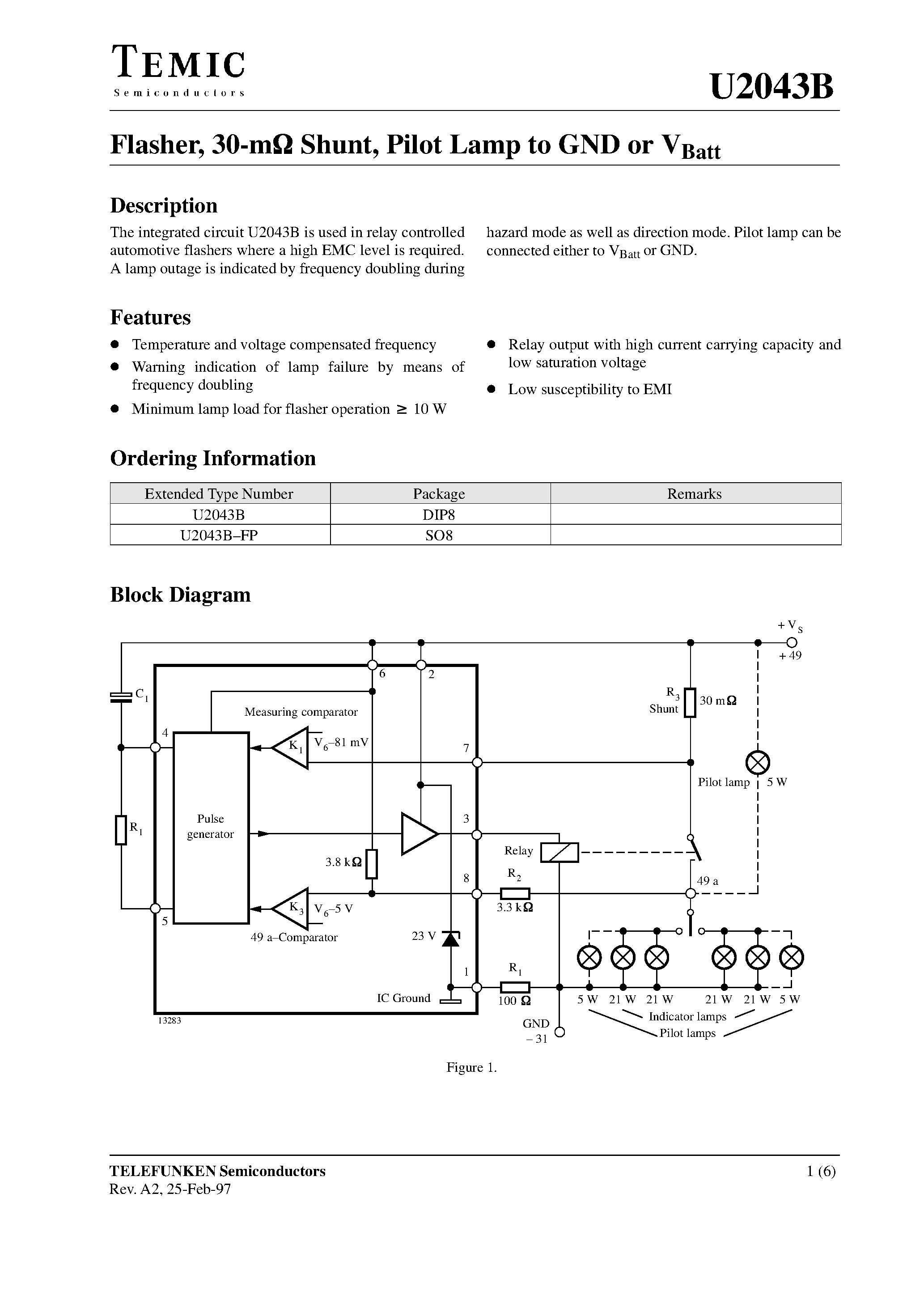 Даташит U2043B - Flasher/ 30-mohm Shunt/ Pilot Lamp to GND or V Batt страница 1