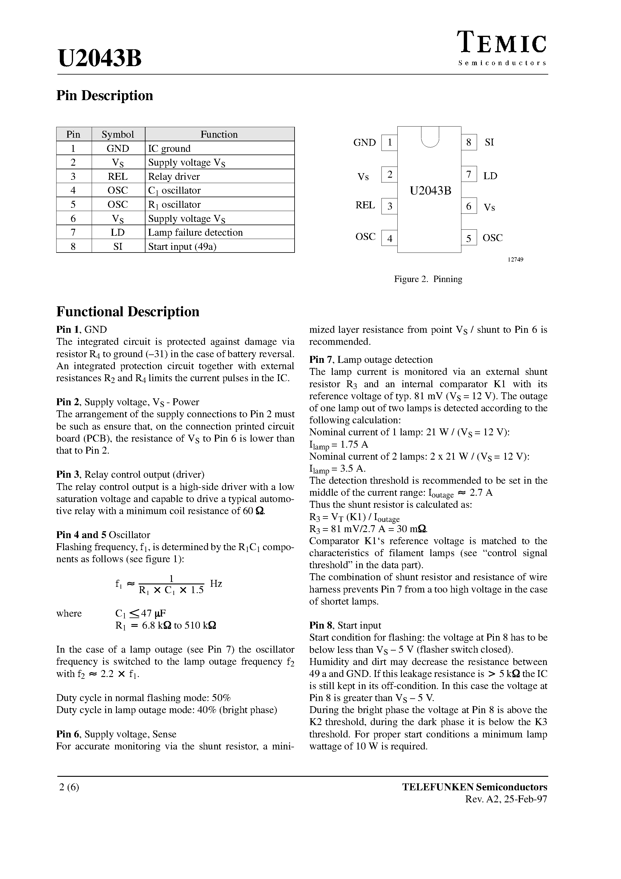 Даташит U2043B-FP - Flasher/ 30-mohm Shunt/ Pilot Lamp to GND or V Batt страница 2