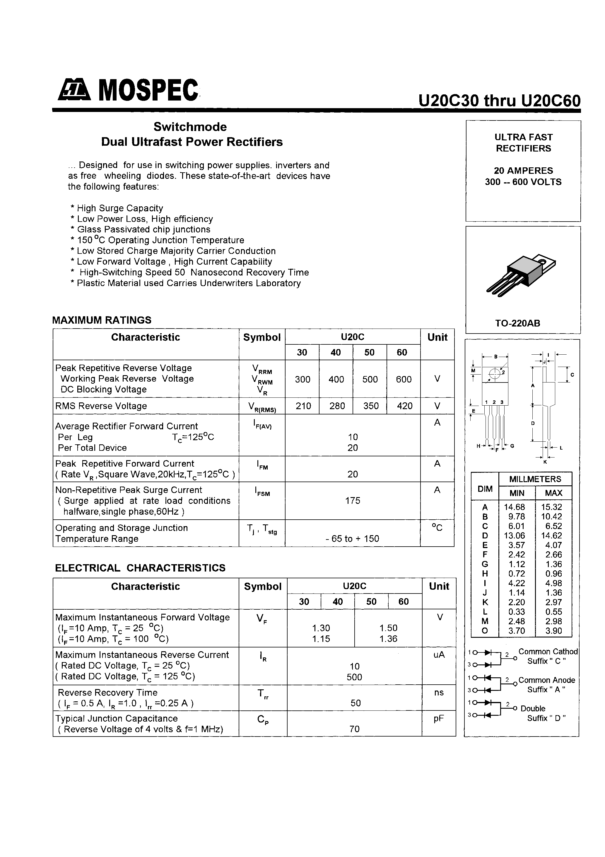 Datasheet U20C40 - POWER RECTIFIERS(20A/300-600V) page 1
