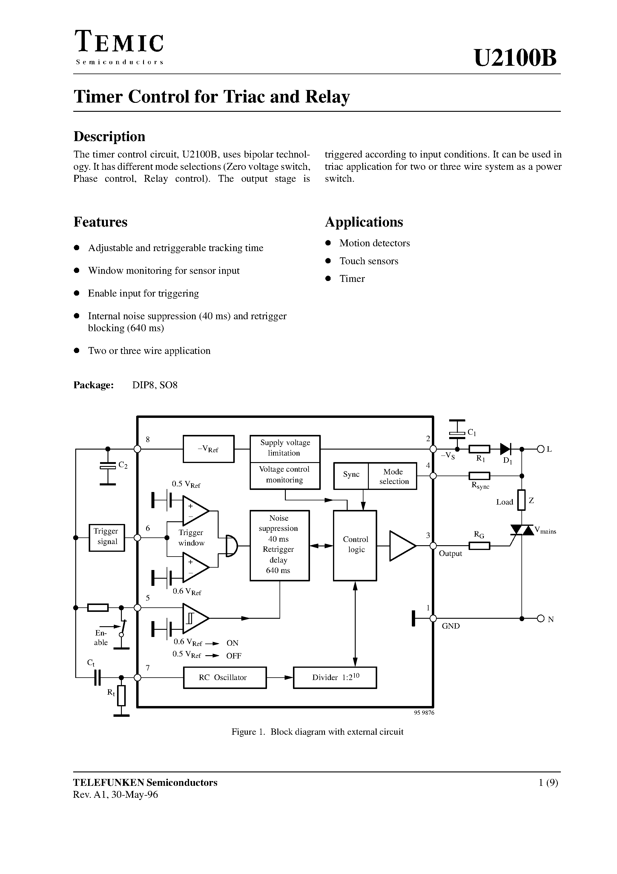 Datasheet U2100B page 1 Datasheet U2100B - Timer Control for Triac and Relay page 1