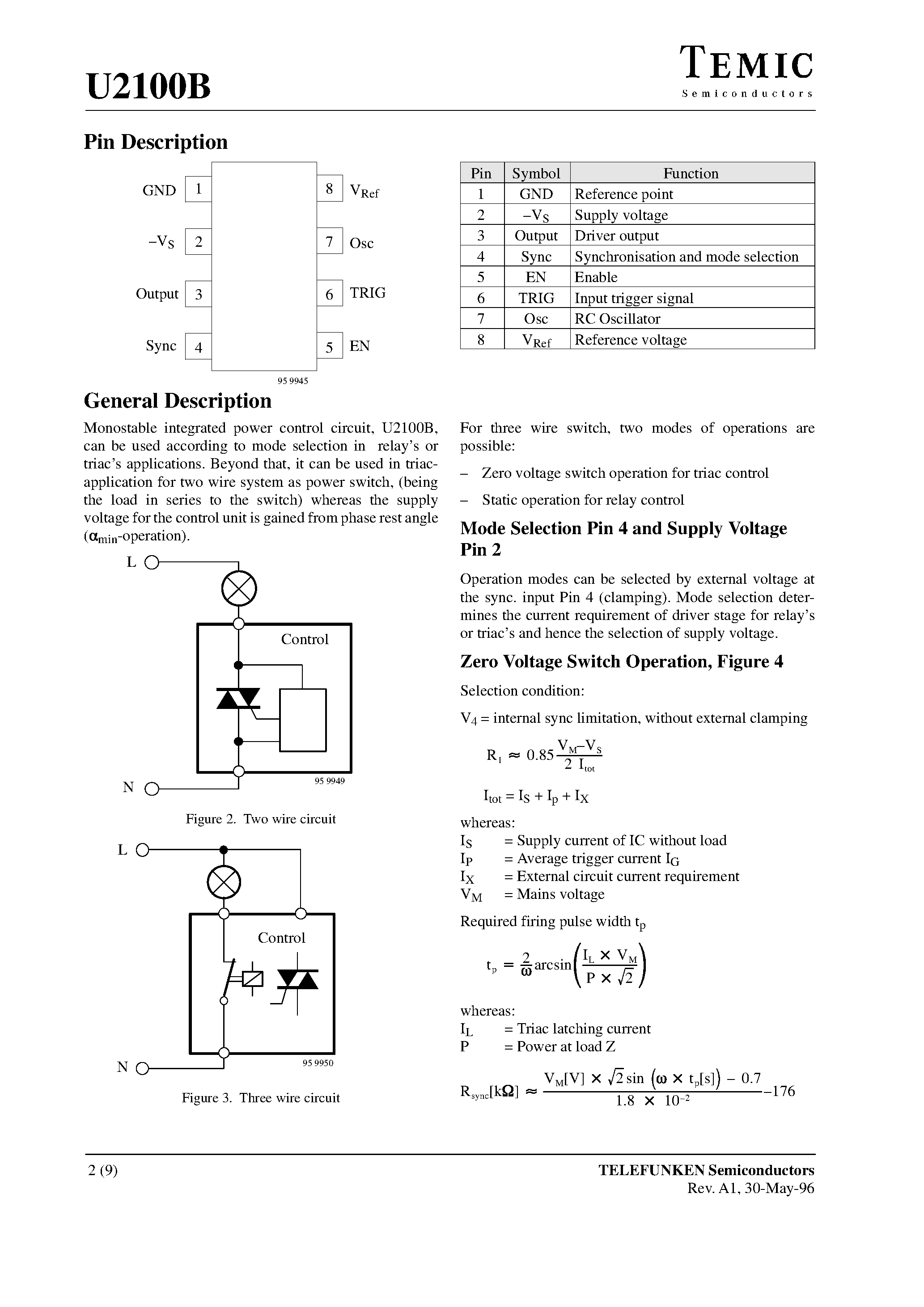 Datasheet U2100B page 2 Datasheet U2100B - Timer Control for Triac and Relay page 2