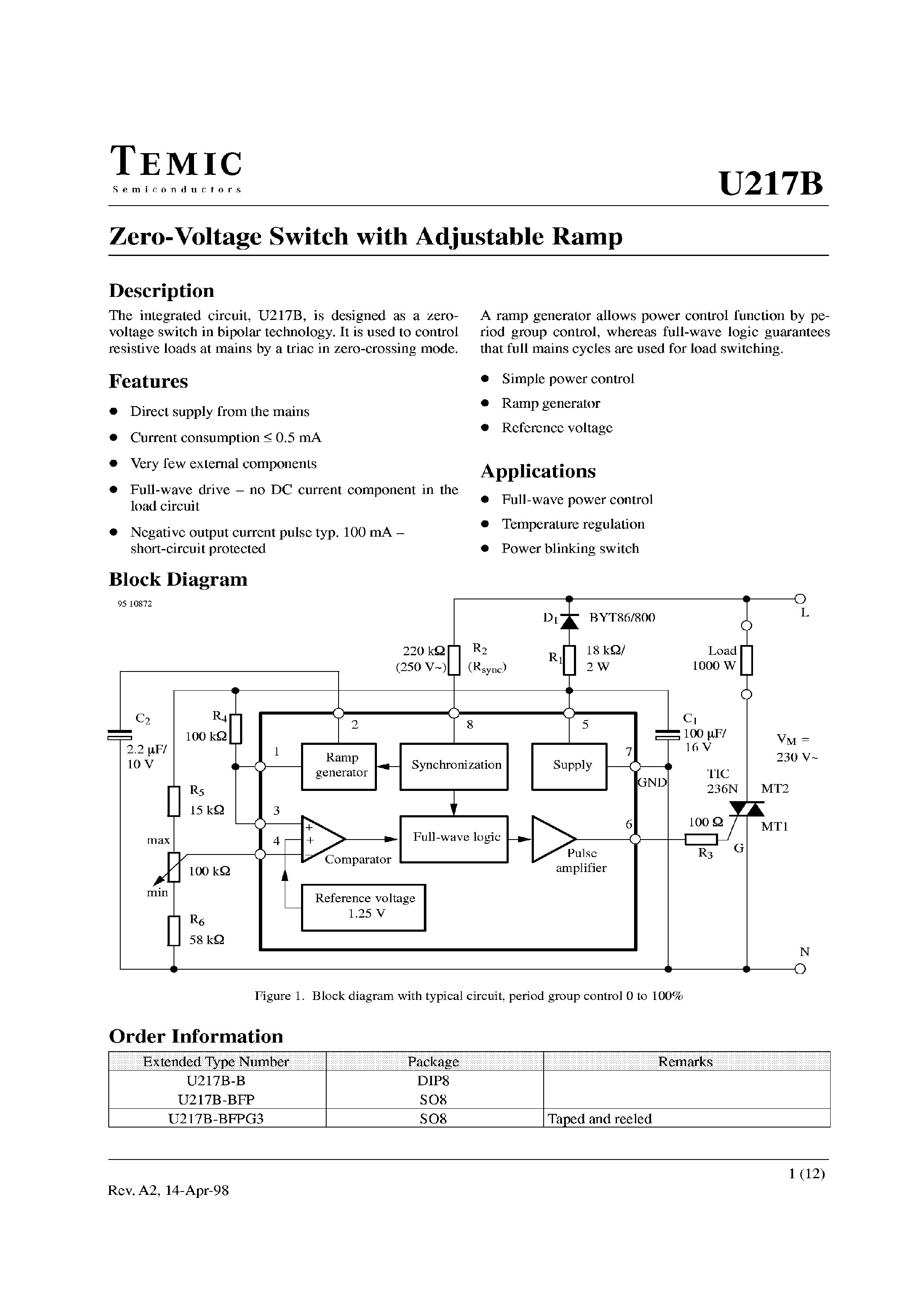 Datasheet U217B-BFP - Zero-Voltage Switch with Adjustable Ramp page 1