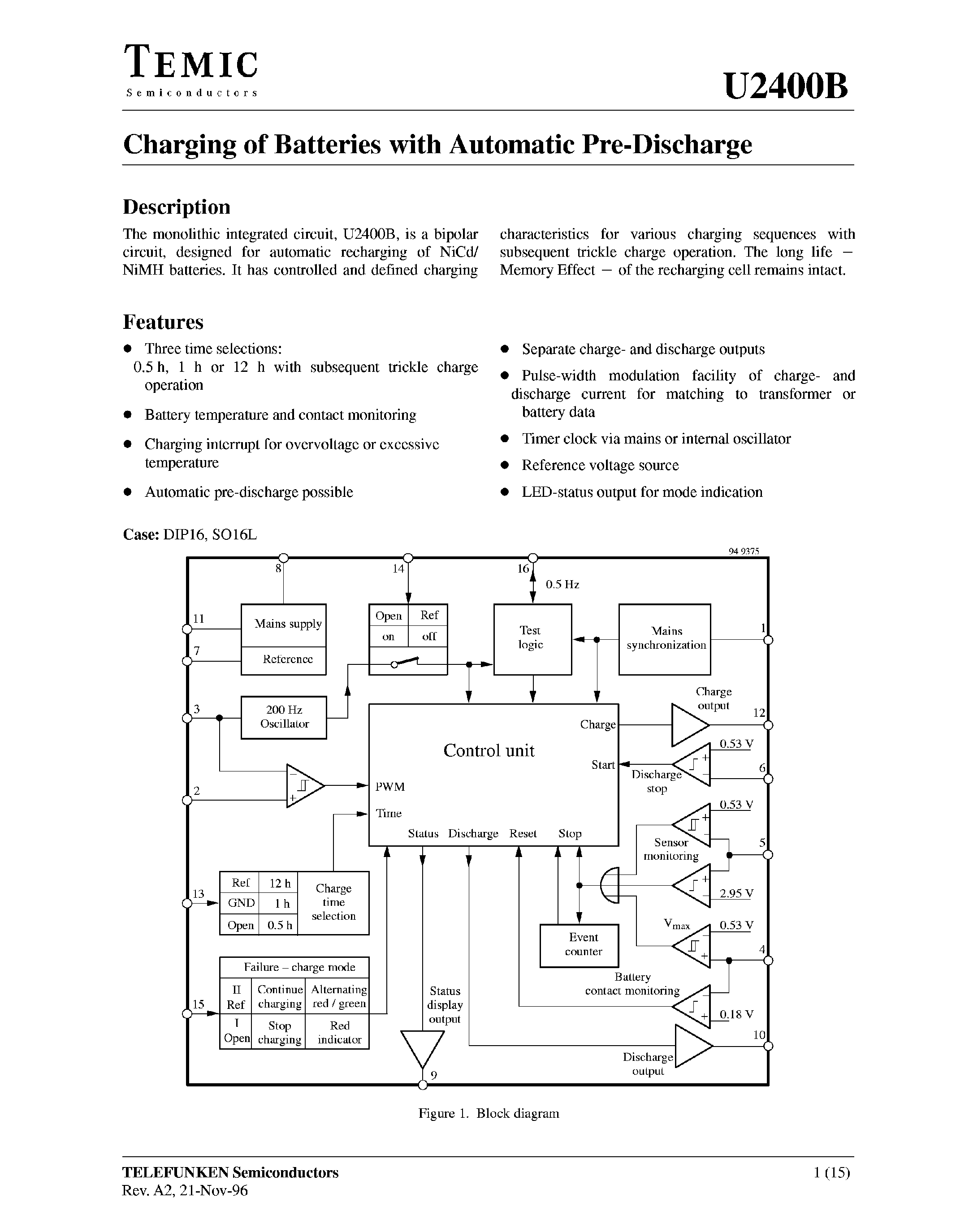 Datasheet U2400B - Charging of Batteries with Automatic Pre-Discharge page 1