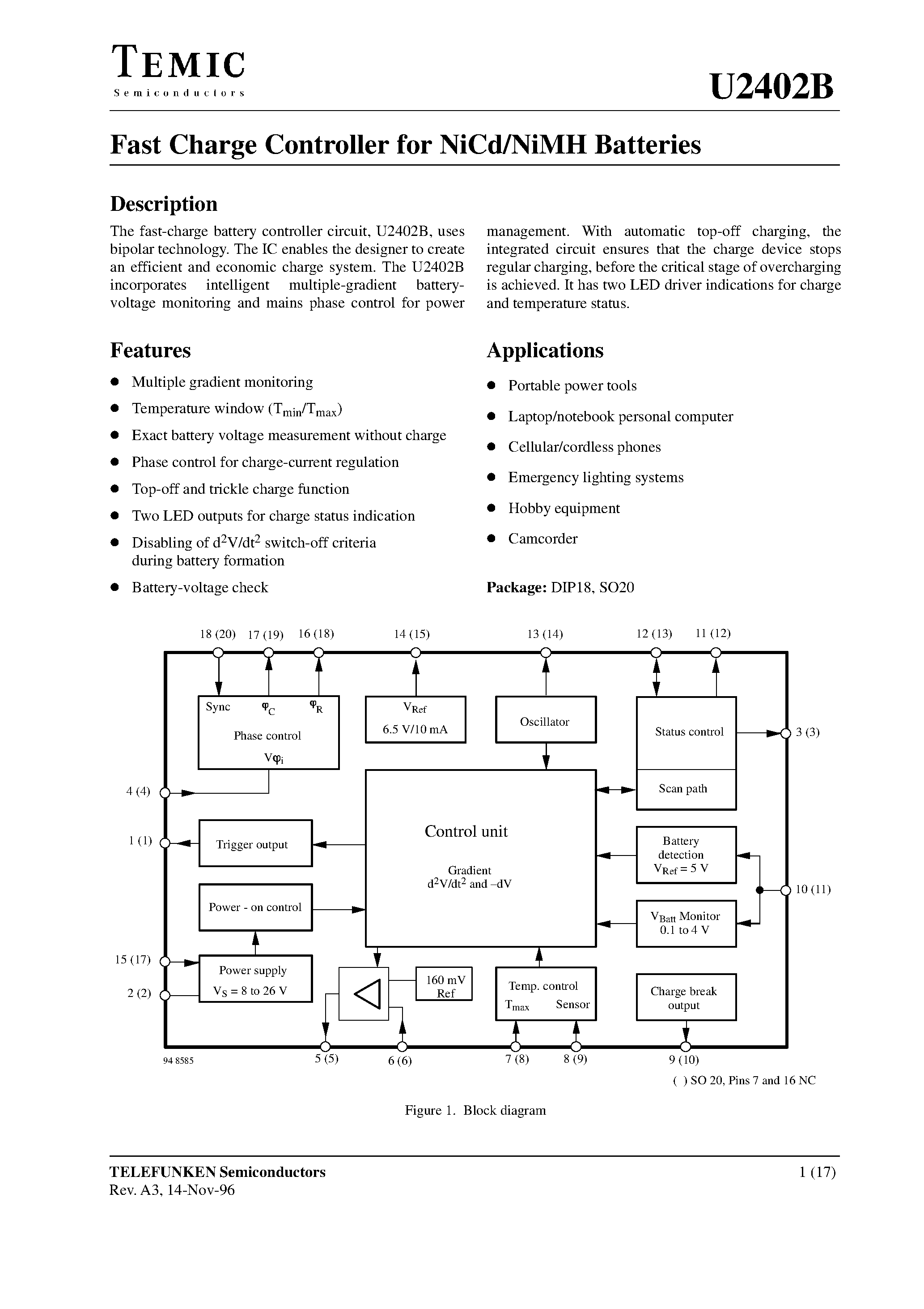 Datasheet U2402B - Fast Charge Controller for NiCd/NiMH Batteries page 1