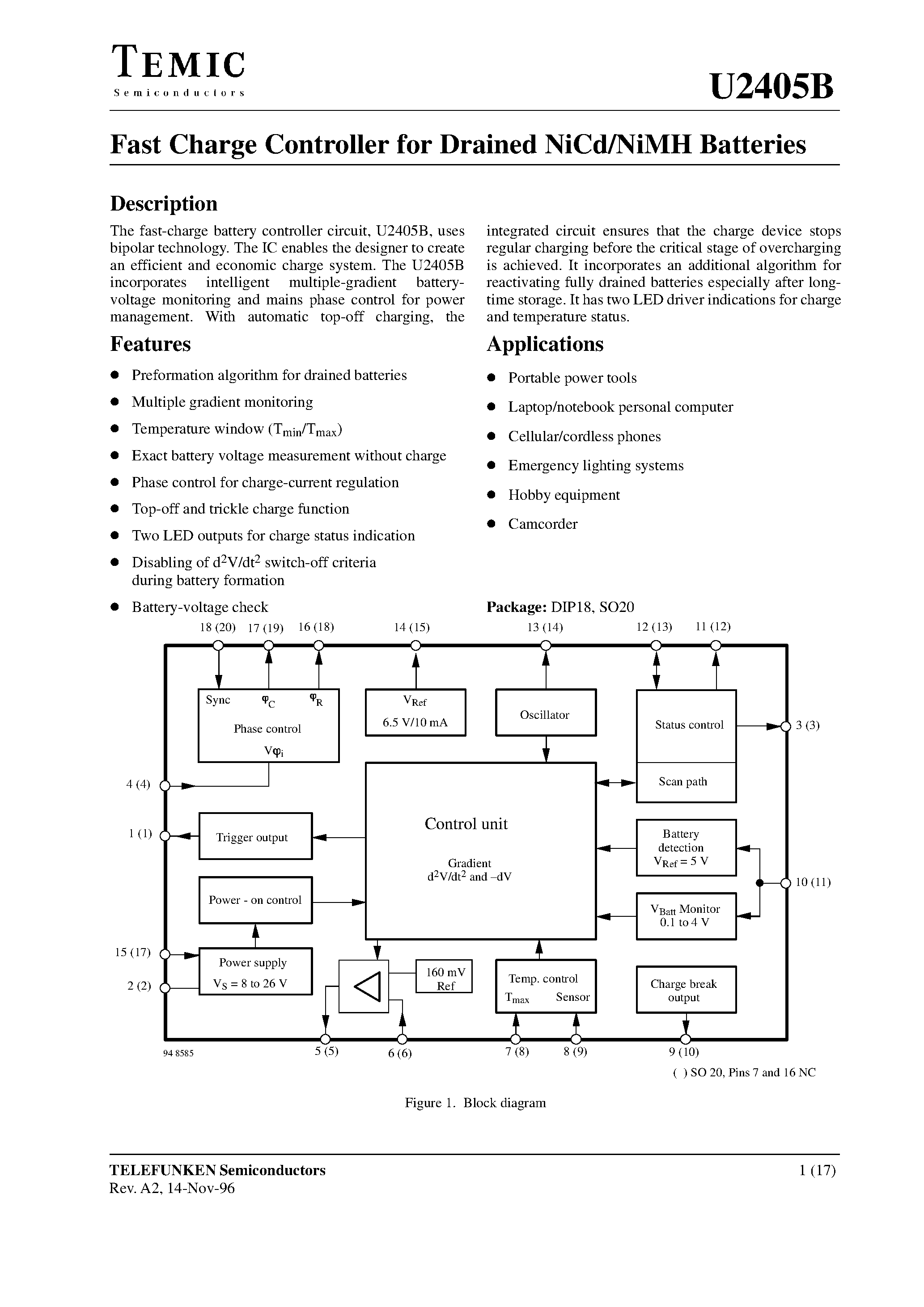 Datasheet U2405B - Fast Charge Controller for Drained NiCd/NiMH Batteries page 1